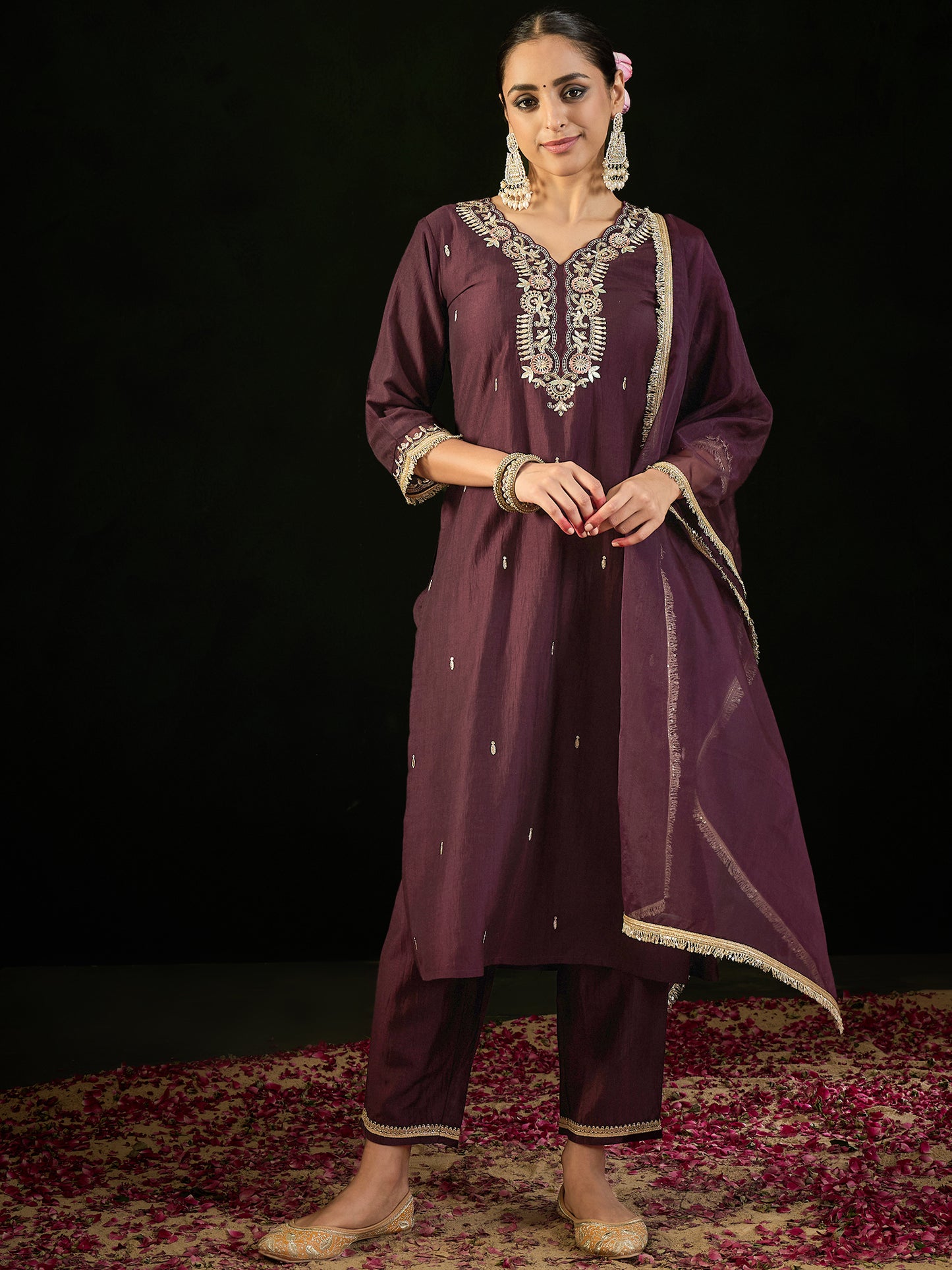 IE Burgundy Embroidered Straight Kurta Trousers With Dupatta set