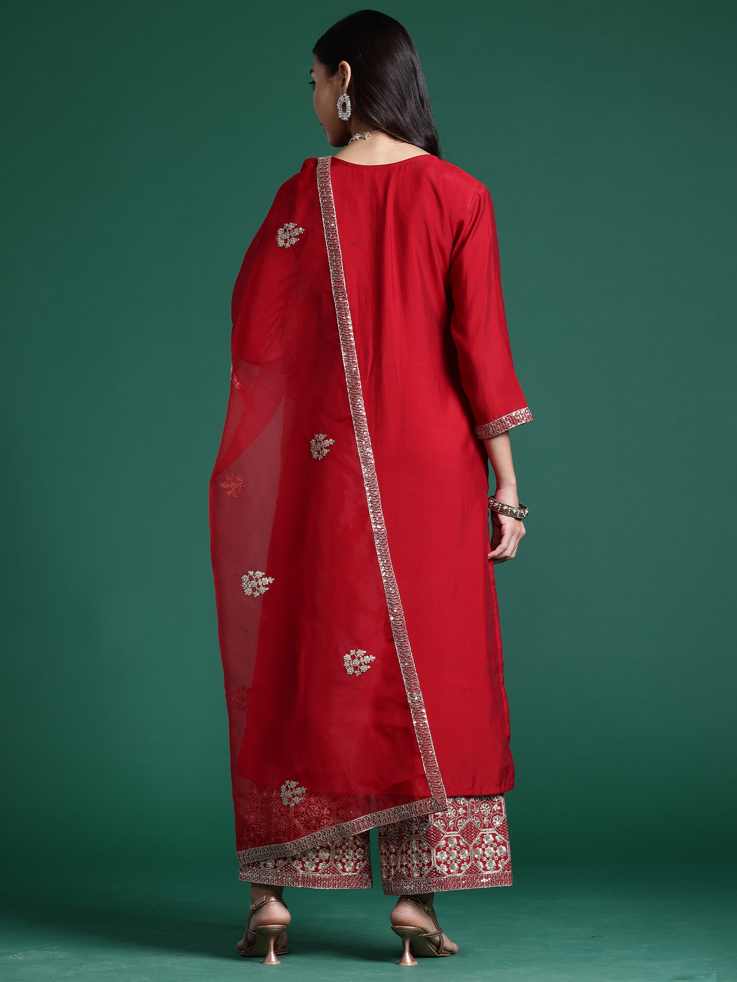 IE Red Embroidered Straight Kurta Palazzos With Dupatta set