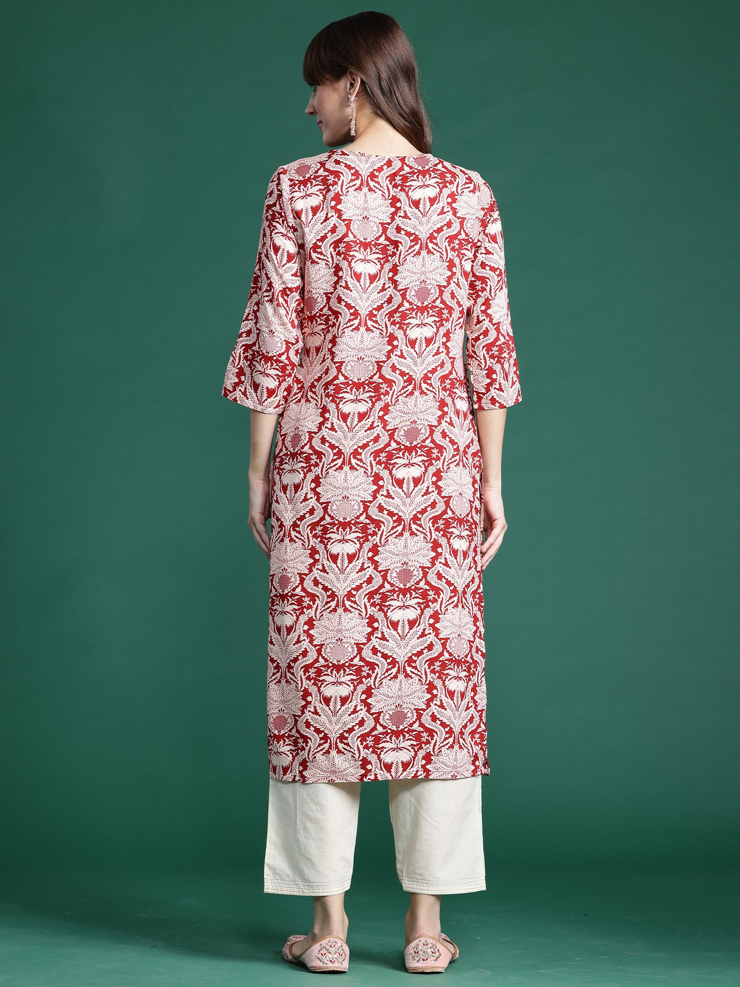 IE Red Printed Straight Kurtas