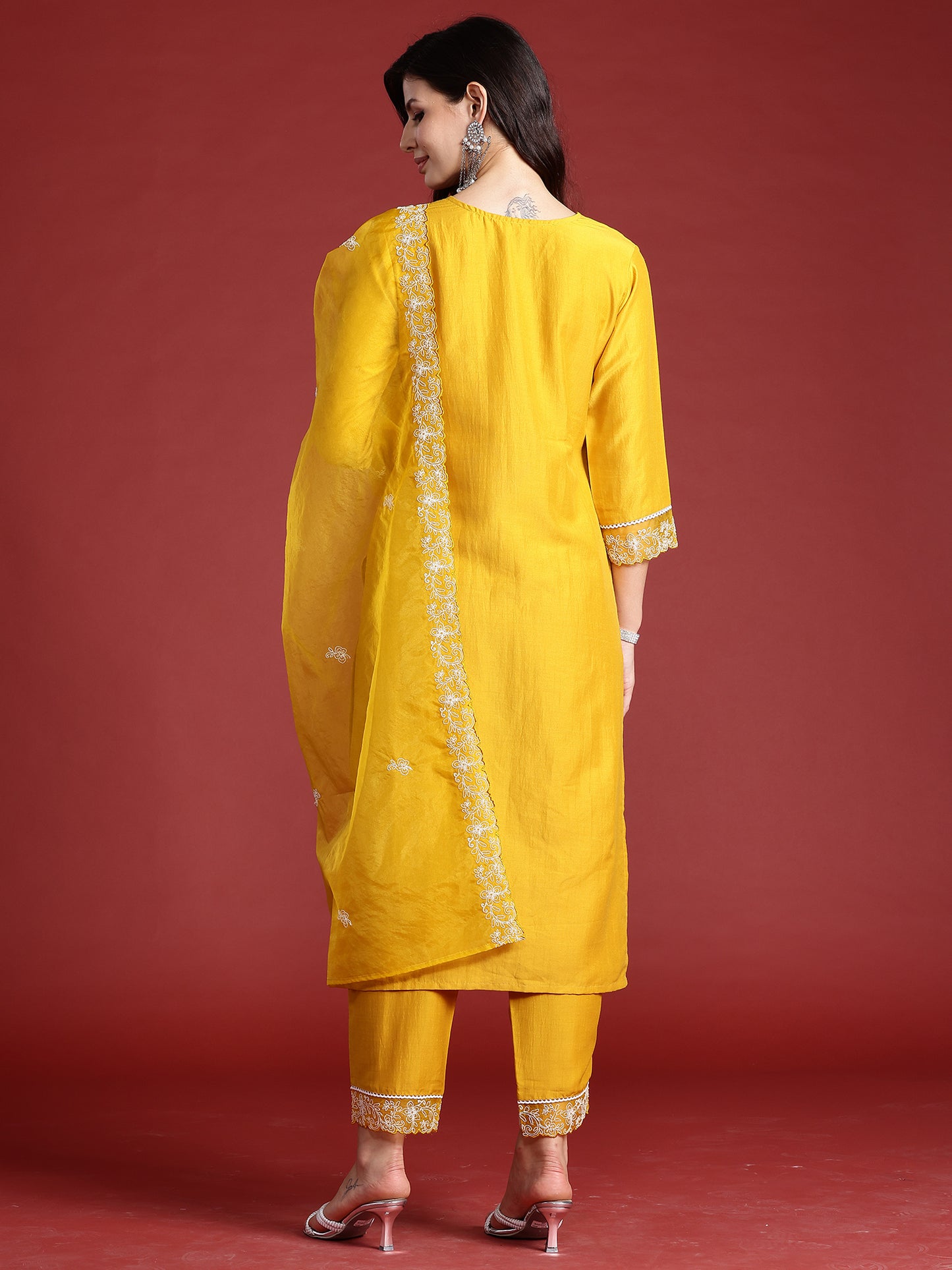 IE Yellow Embroidered Straight Kurta Trousers With Dupatta set