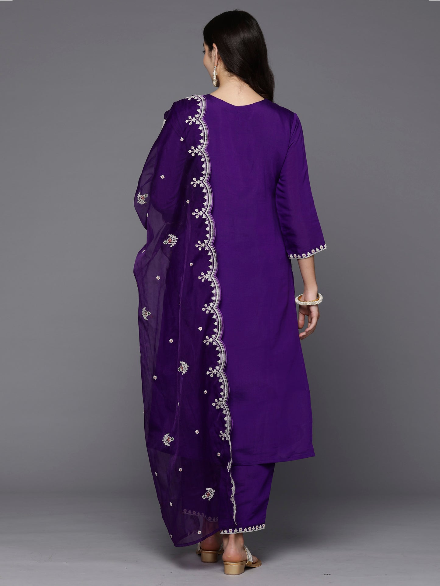 IE Purple Embroidered Straight Kurta Trousers With Dupatta set