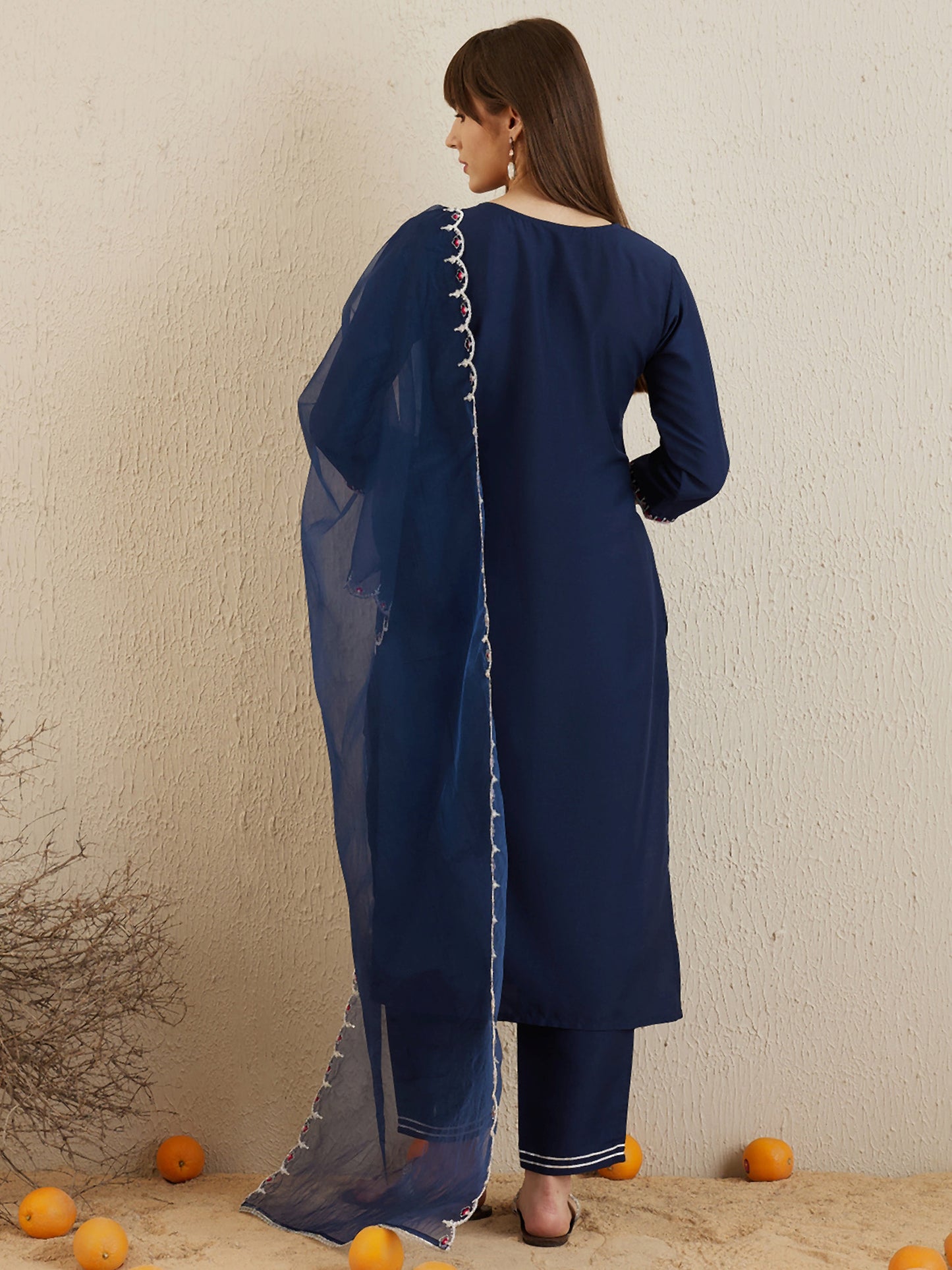 IE Navy Blue Embroidered Straight Kurta Trousers With Dupatta set