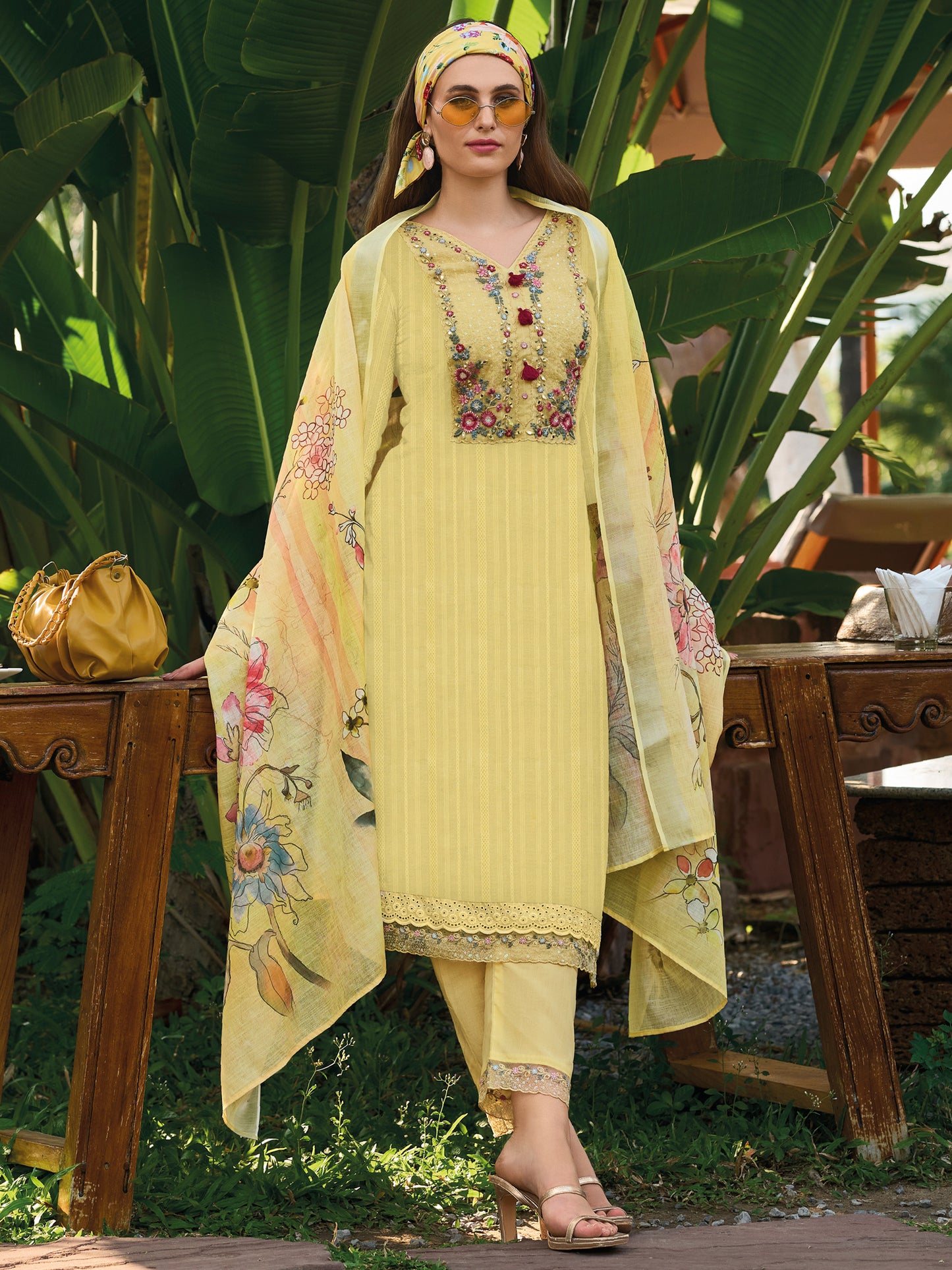 IE Yellow Embroidered Straight Kurta Trousers With Dupatta set