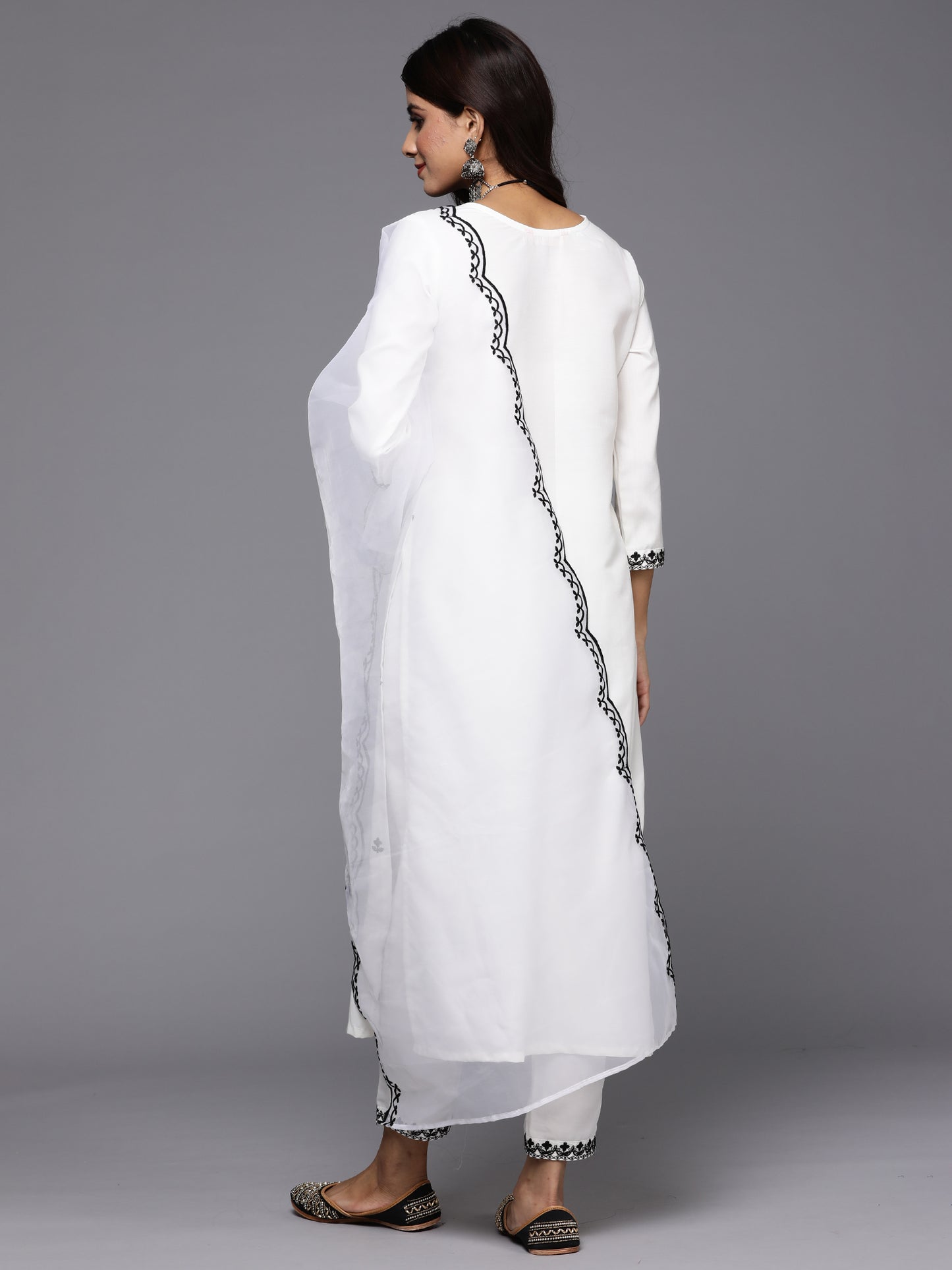 IE White Embroidered Straight Kurta Trousers With Dupatta Set