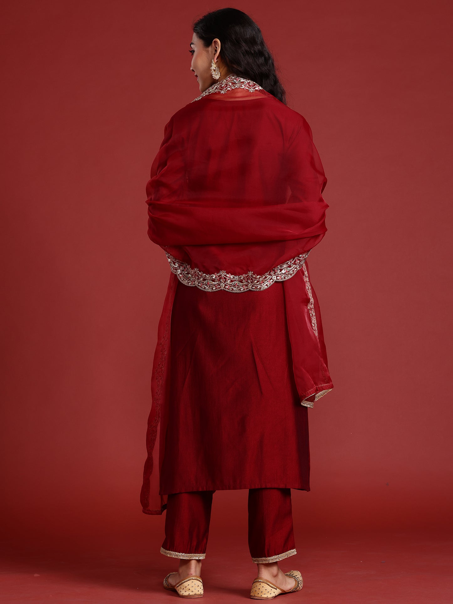 IE Maroon Embroidered Straight Kurta Trousers With Dupatta set