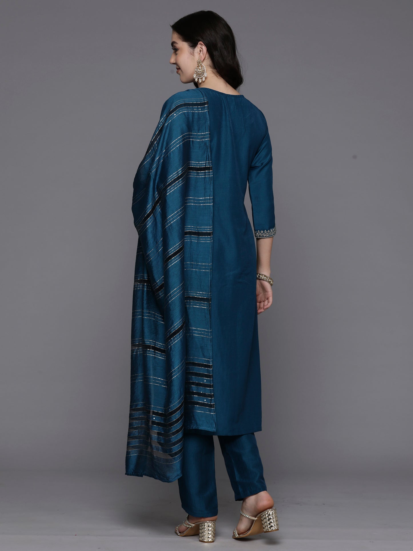 IE Teal Embroidered Straight Kurta Trousers With Dupatta Set