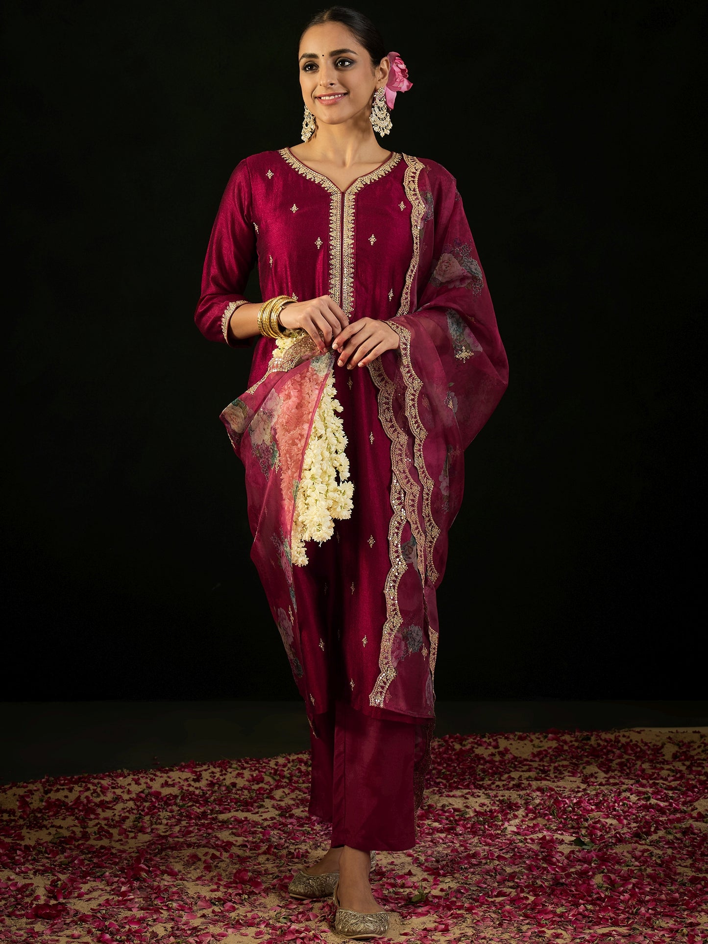 IE Maroon Embroidered Straight Kurta Trousers With Dupatta set