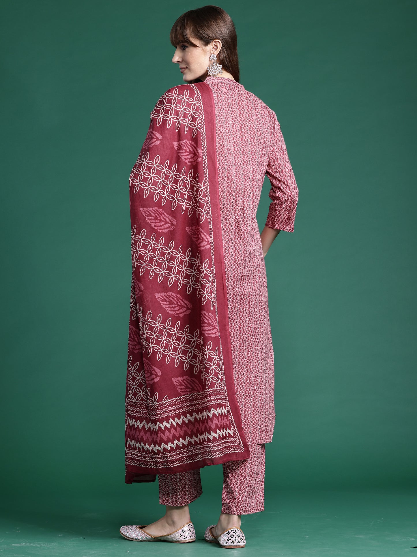 IE Pink Printed Straight Kurta Trousers With Dupatta set