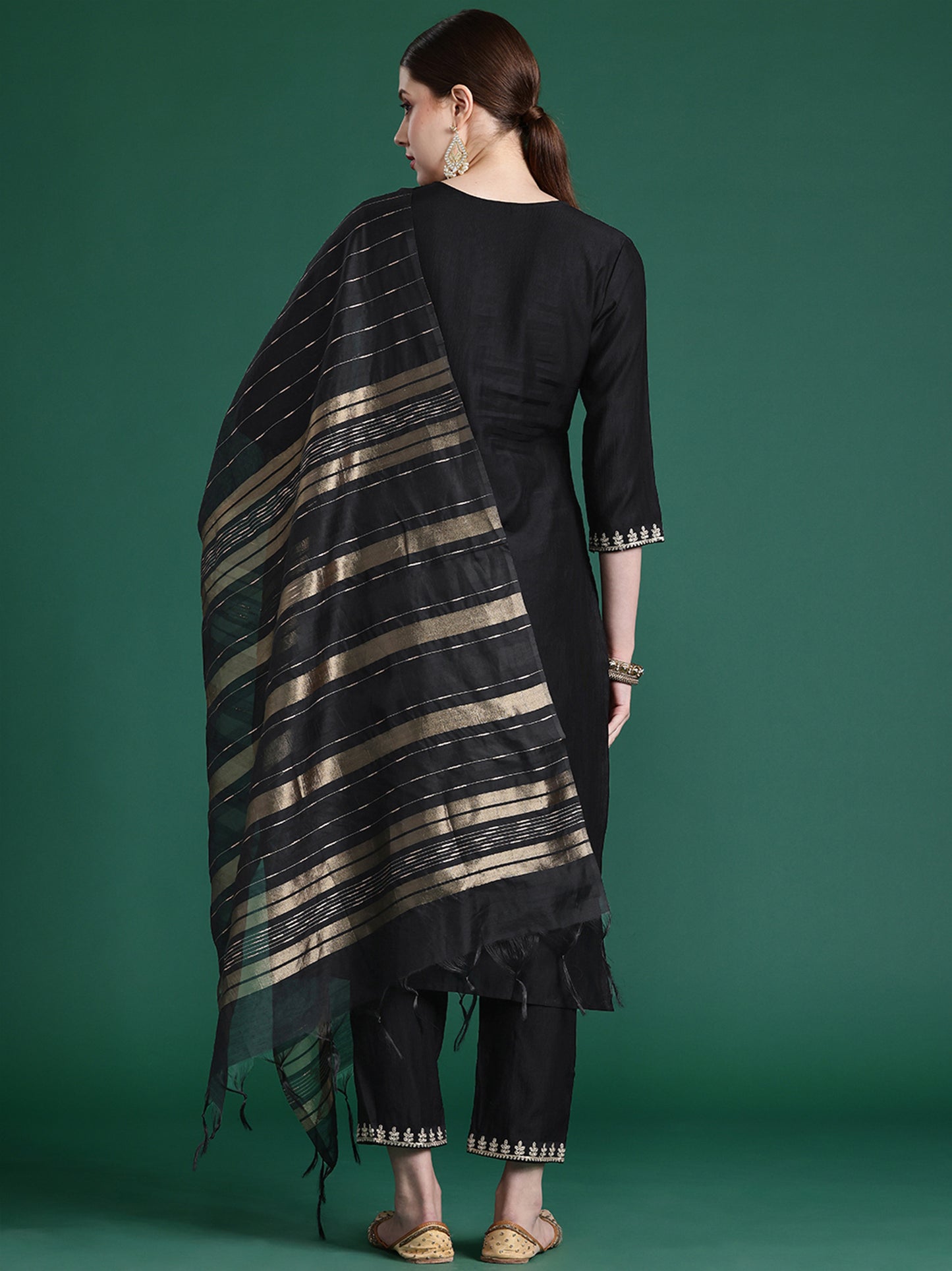 IE Black Embroidered Straight Kurta Trousers With Dupatta set