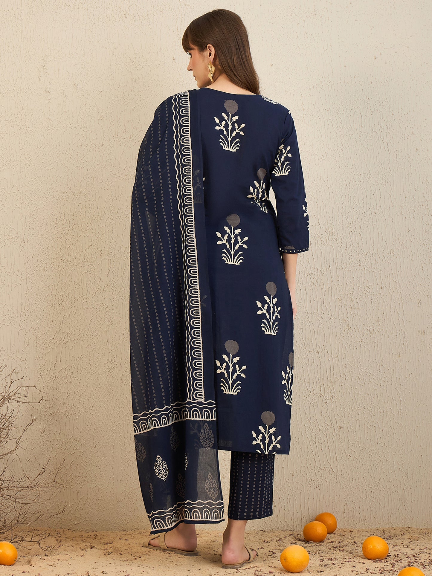 IE Navy Blue Printed Straight Kurta Trousers With Dupatta Set