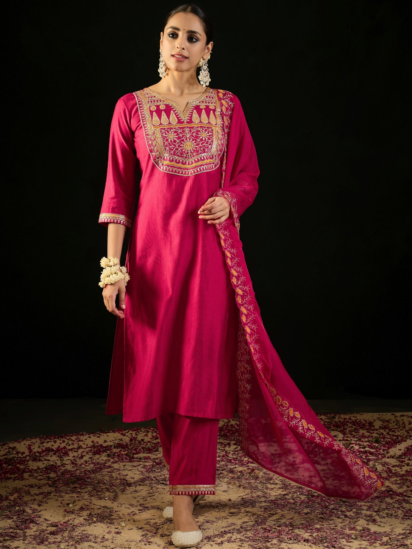 IE Magenta Embroidered Straight Kurta Trousers With Dupatta set