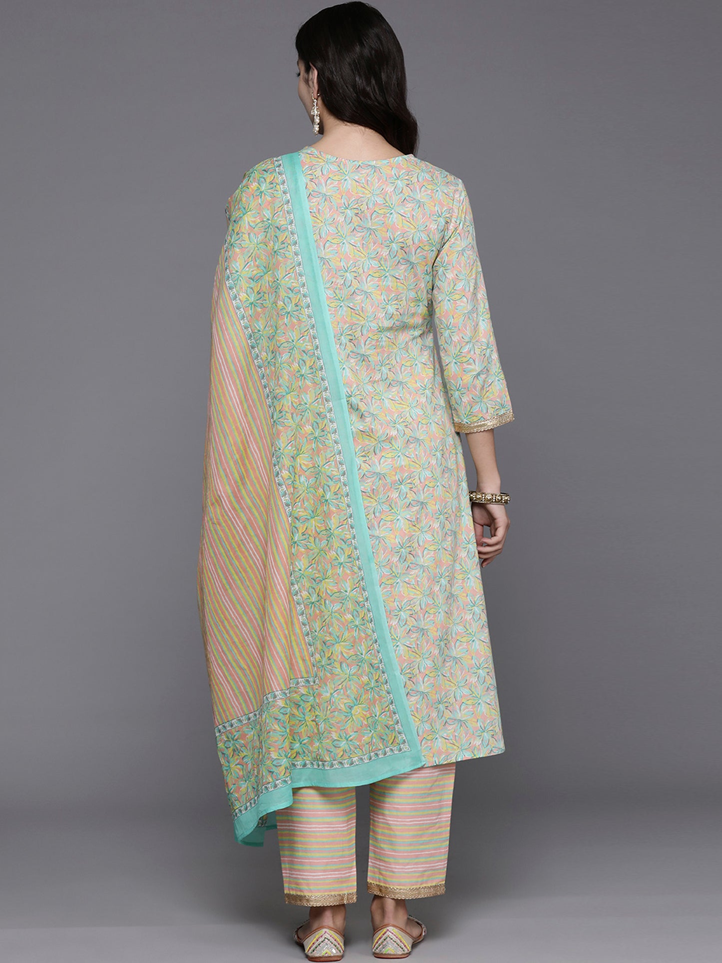 IE Sea Green Embroidered A-Line Kurta Trousers With Dupatta Set