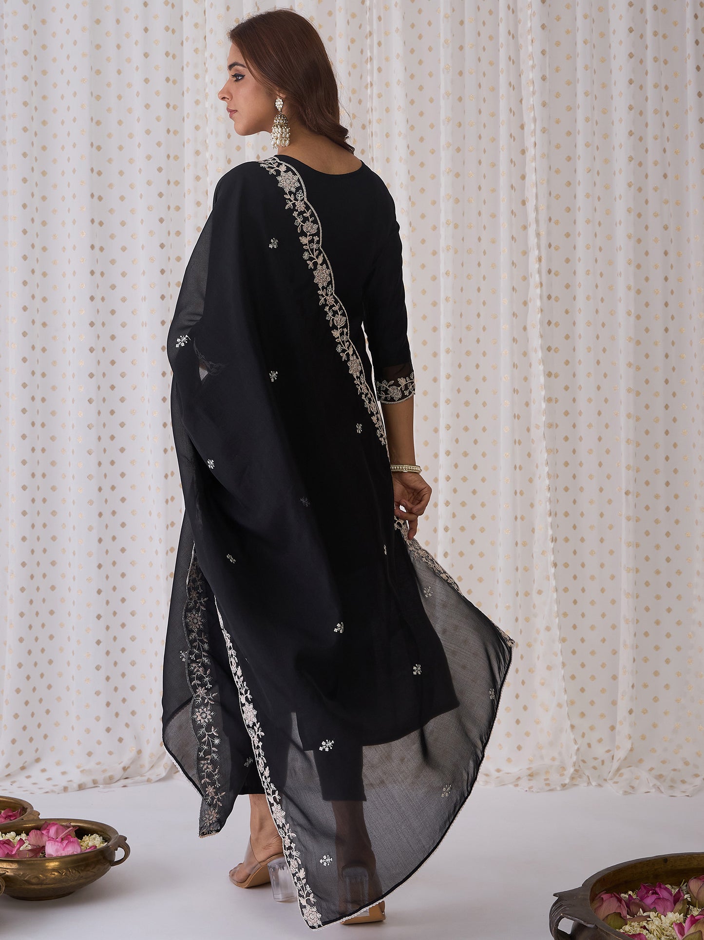 IE Black Embroidered Straight Kurta Trousers With Dupatta  Set