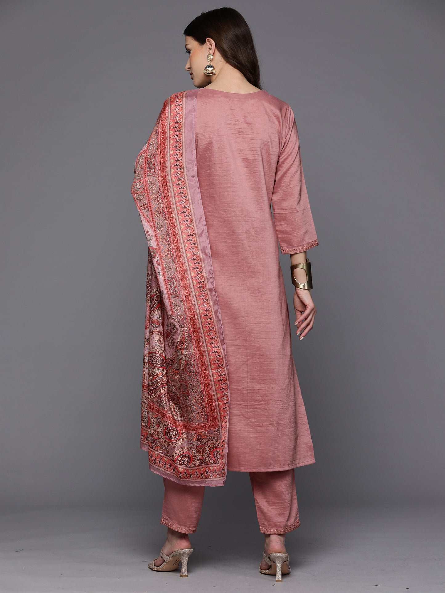 IE Mauve Embroidered Straight Kurta Trousers With Dupatta set