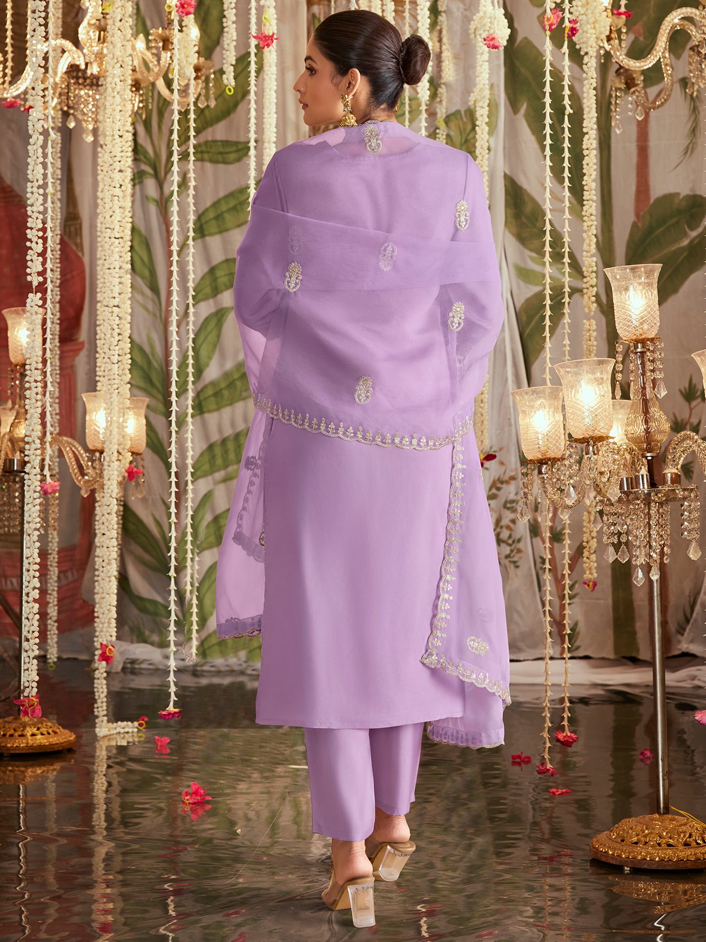 IE Lavender Straight Embroidered Kurta Trousers With Dupatta Set