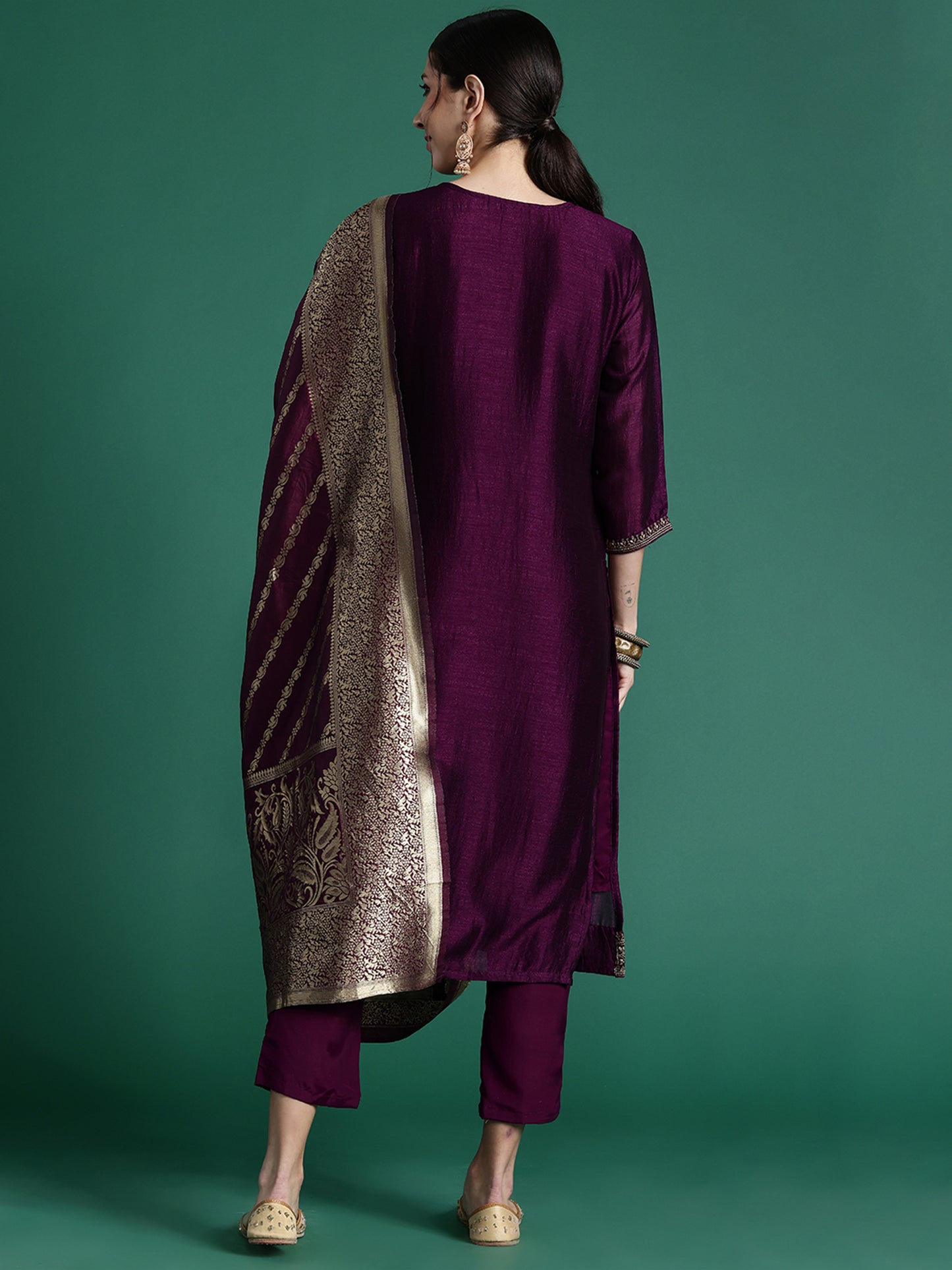 IE Burgundy Embroidered Straight Kurta Trousers With Dupatta set