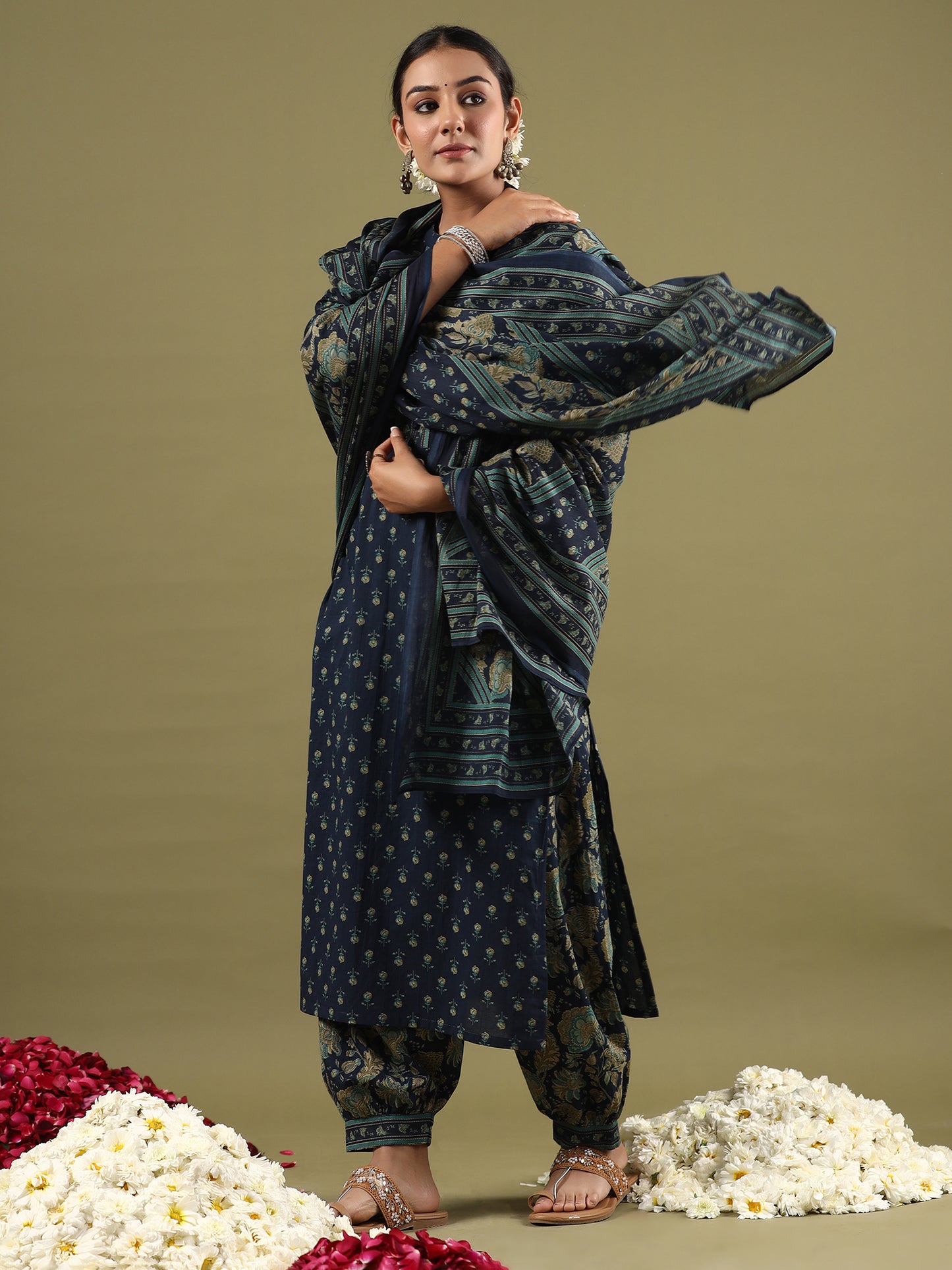 IE Blue Printed Straight Kurta Salwar With Dupatta set