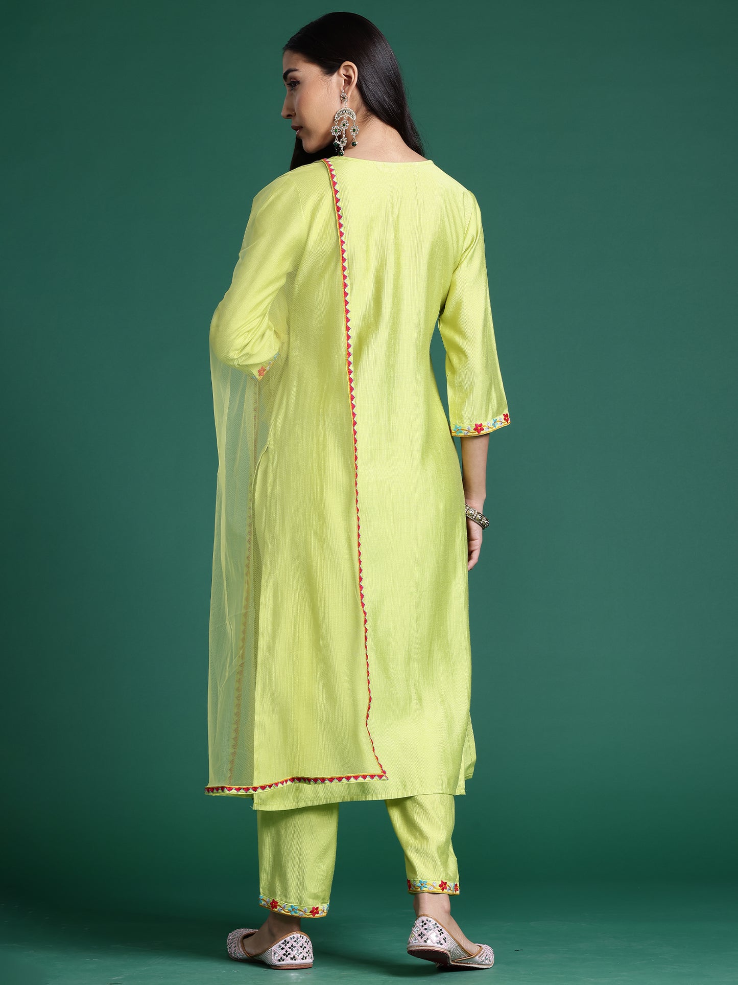 IE Green Embroidered Straight Kurta Trousers With Dupatta  Set