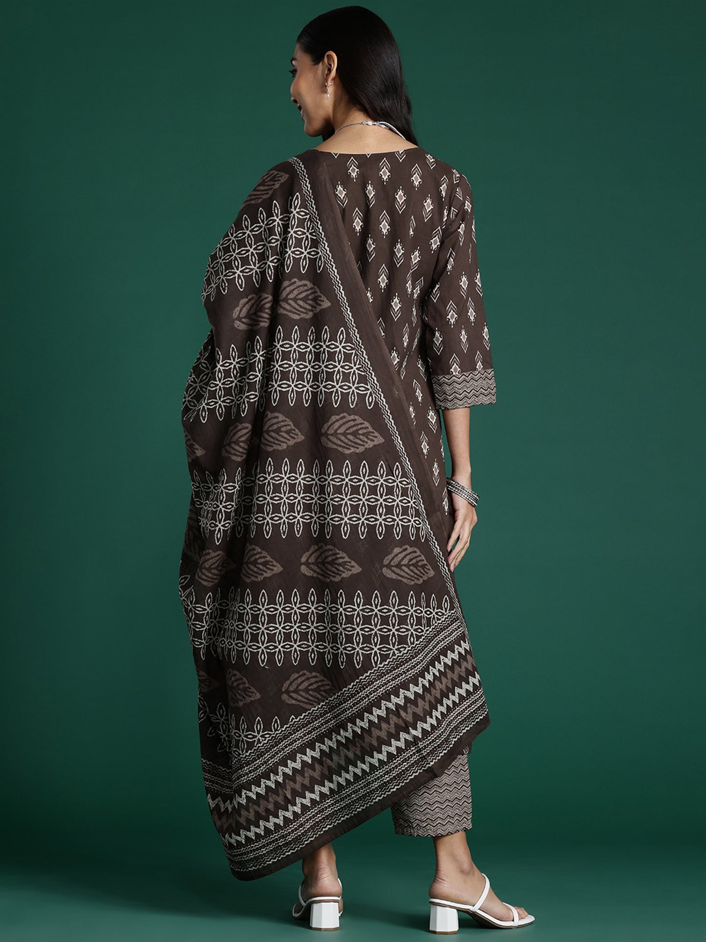 IE Brown Printed Straight Kurta Trousers With Dupatta set