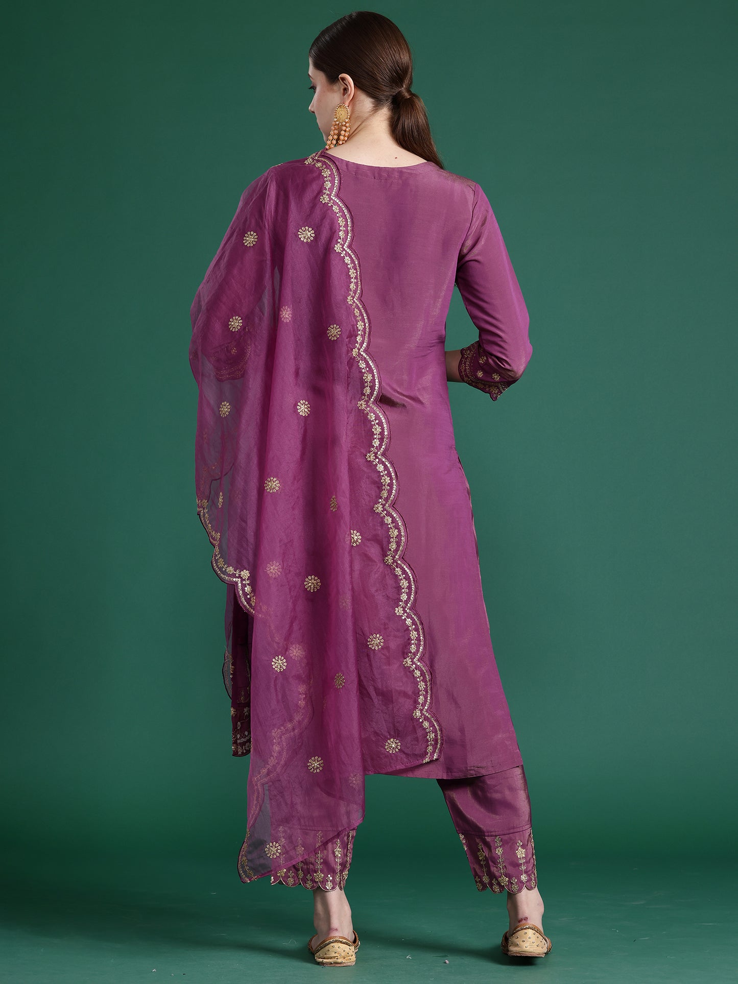 IE Burgandy Straight Embroidered Kurta Trousers With Dupatta Set