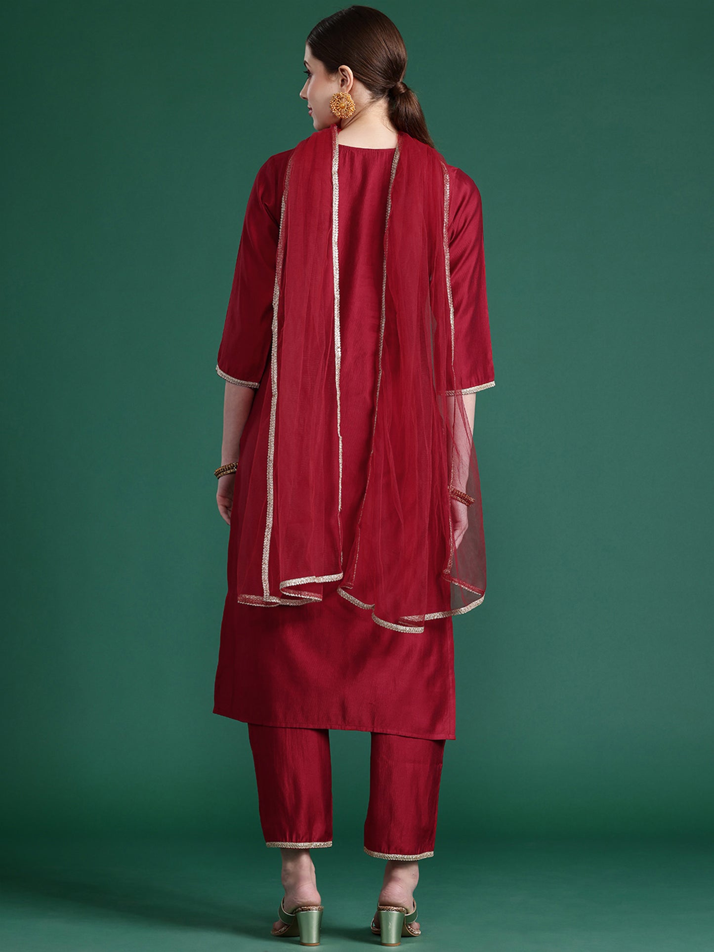 IE Red Embroidered Straight Kurta Trousers With Dupatta  Set