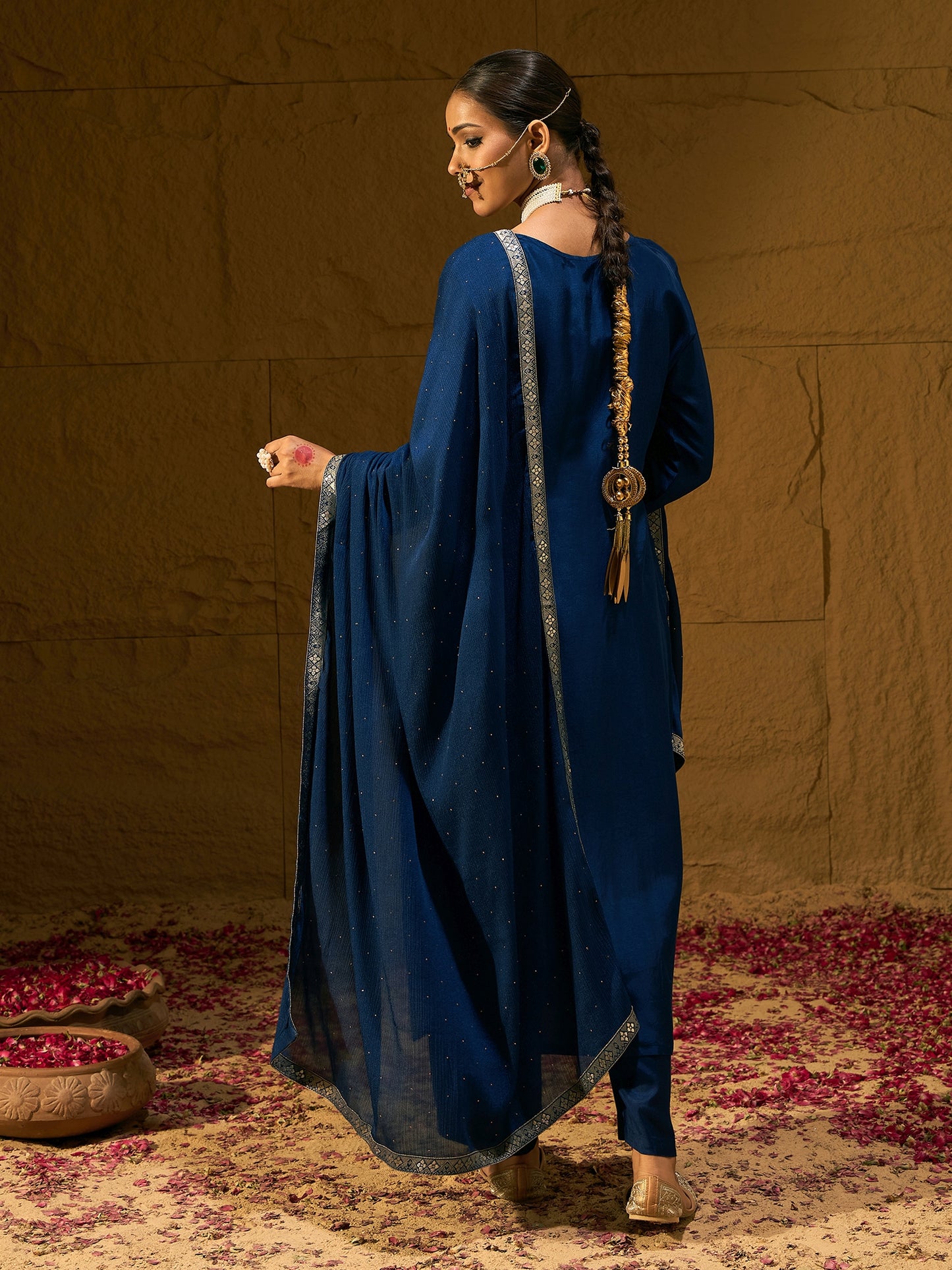 IE Blue Embroidered Straight Kurta Trousers With Dupatta set