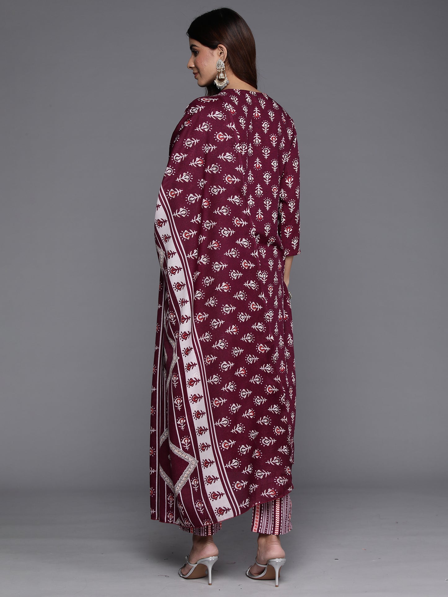 IE Burgundy Printed Straight Kurta Trousers With Dupatta Set