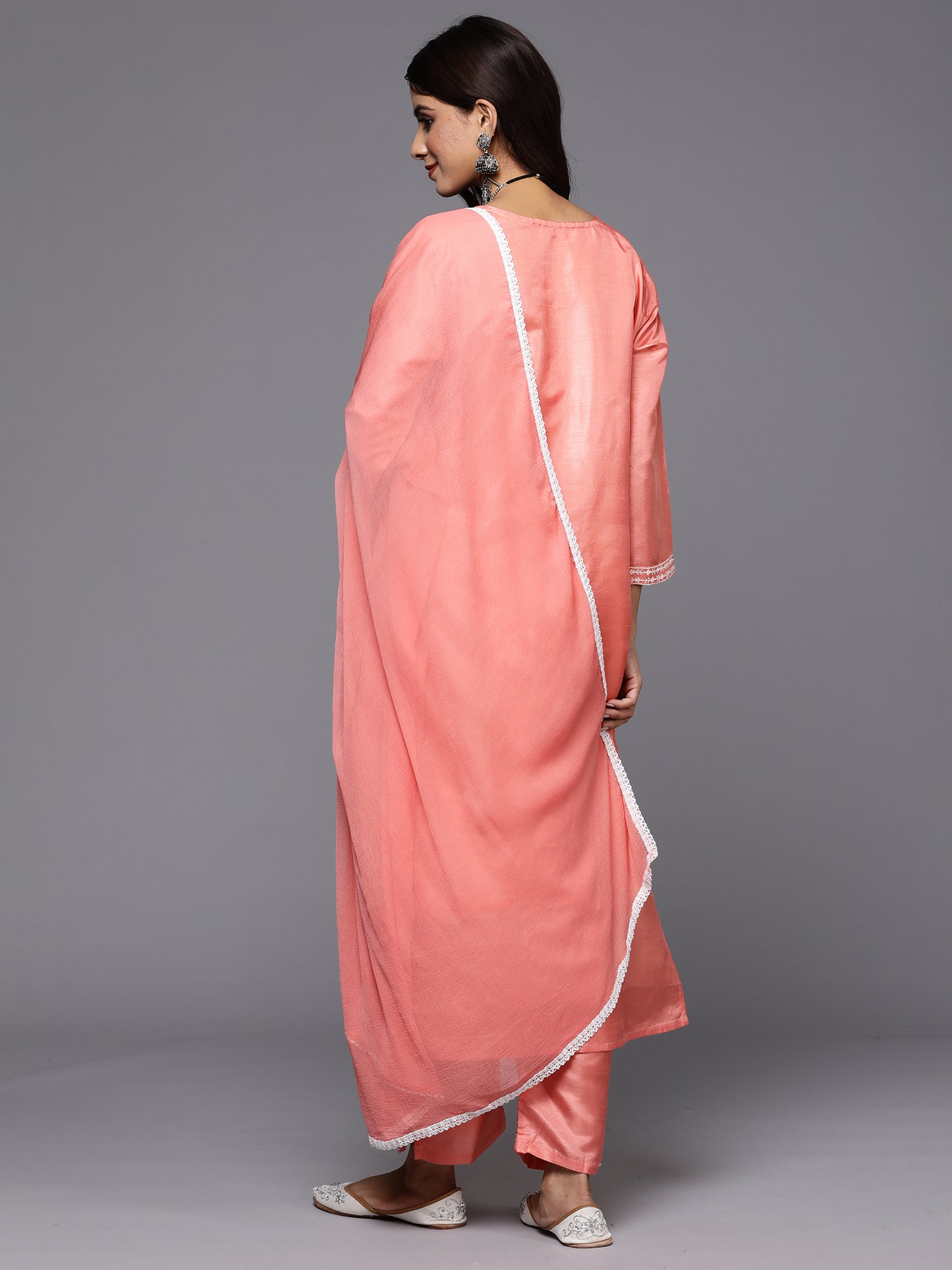 IE Peach Embroidered Straight Kurta Trousers With Dupatta Set