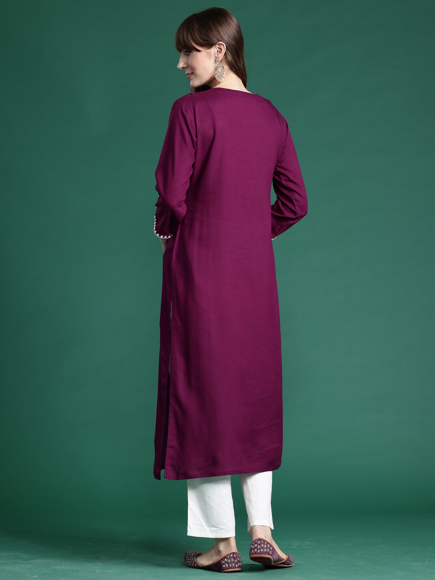 IE Burgundy Embroidered Straight Kurtas