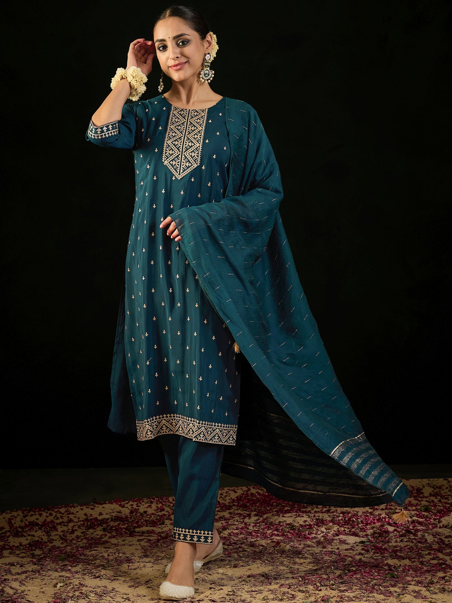 IE Teal Embroidered Straight Kurta Trousers With Dupatta set