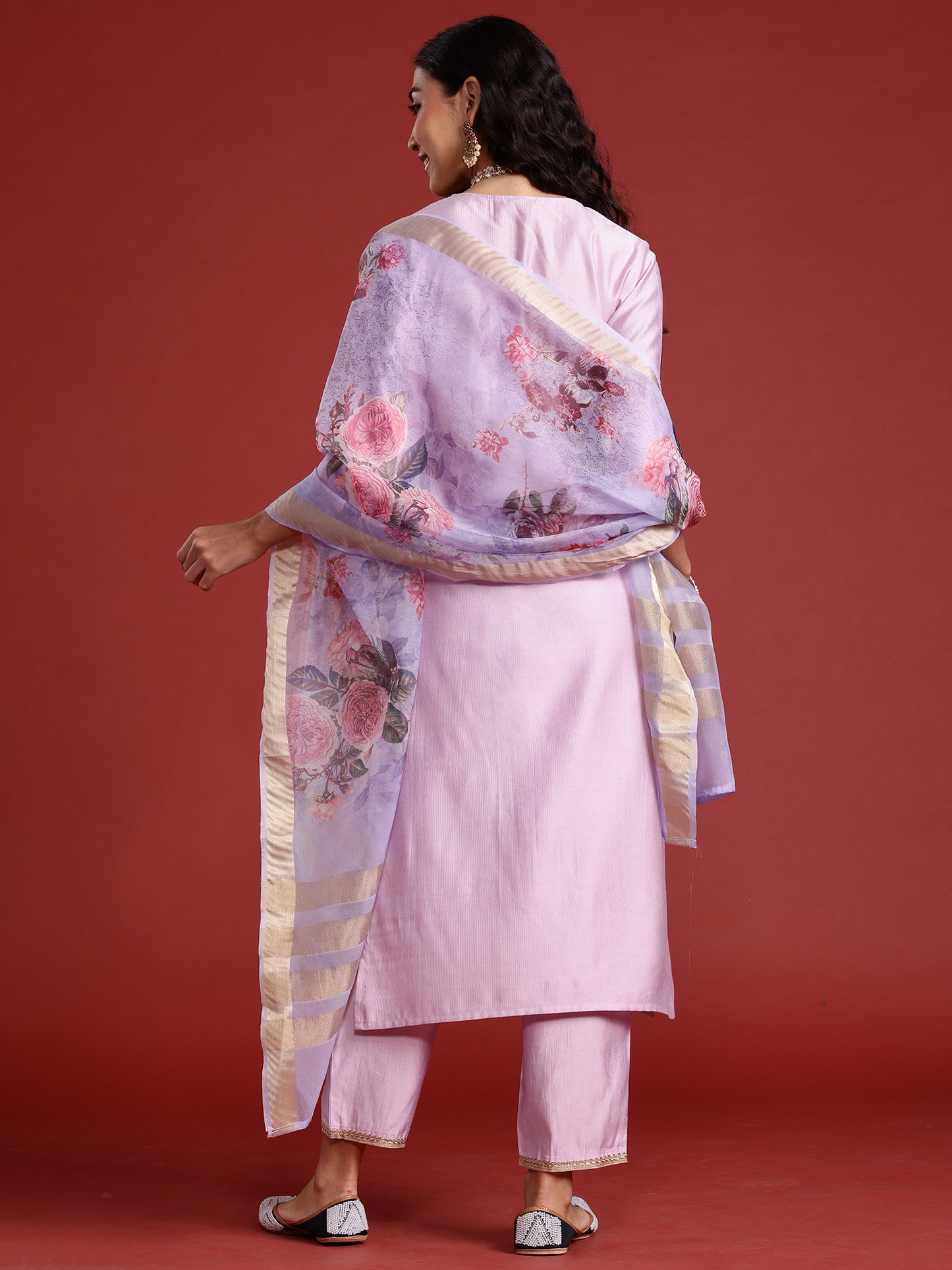 IE Lavender Embroidered Straight Kurta Trousers With Dupatta set