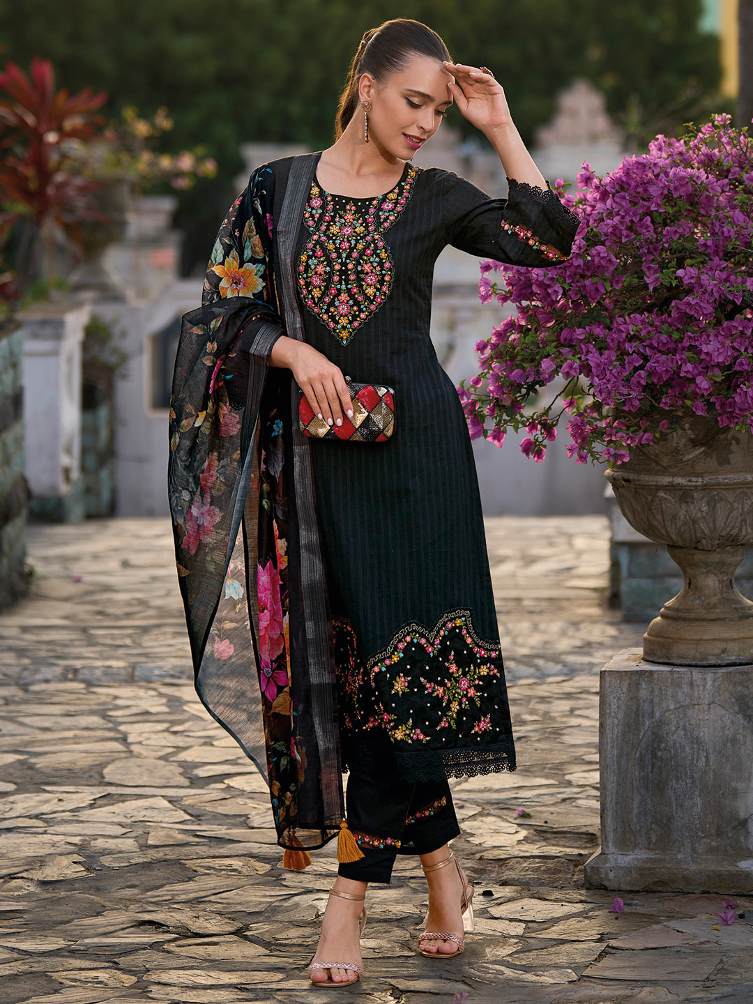 IE Black Embroidered Straight Kurta Trousers With Dupatta set