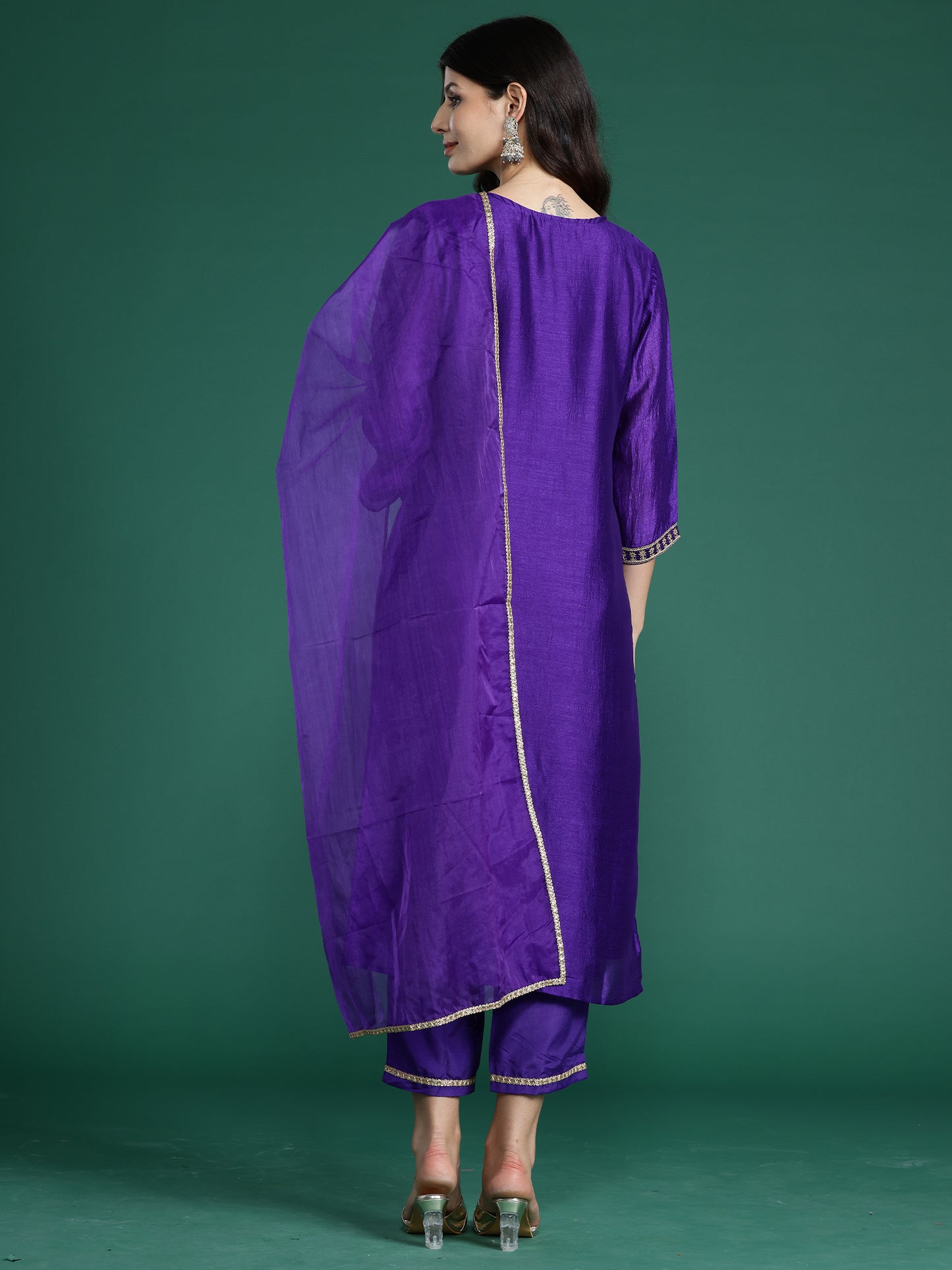 IE Purple Embroidered Straight Kurta Trousers With Dupatta Set