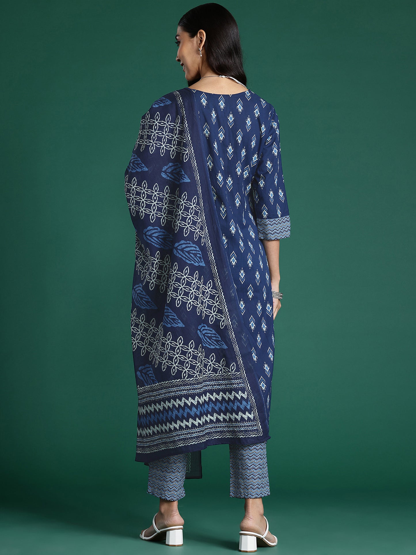 IE Blue Printed Straight Kurta Trousers With Dupatta set