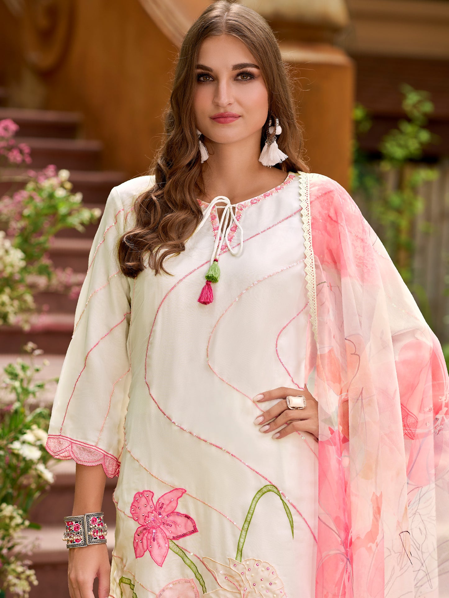 IE White Embroidered Straight Kurta Trousers With Dupatta set