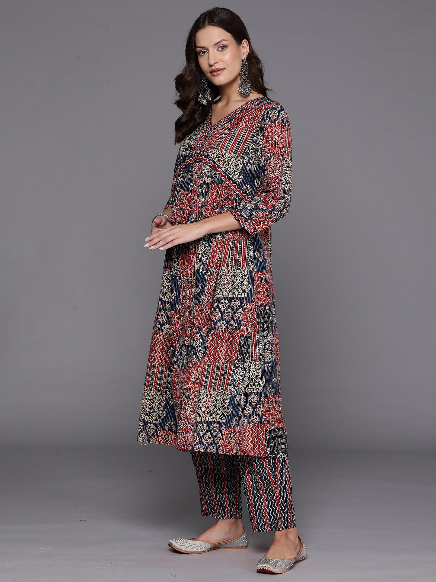 IE Blue Embroidered A-Line Kurta Trousers With Dupatta Set