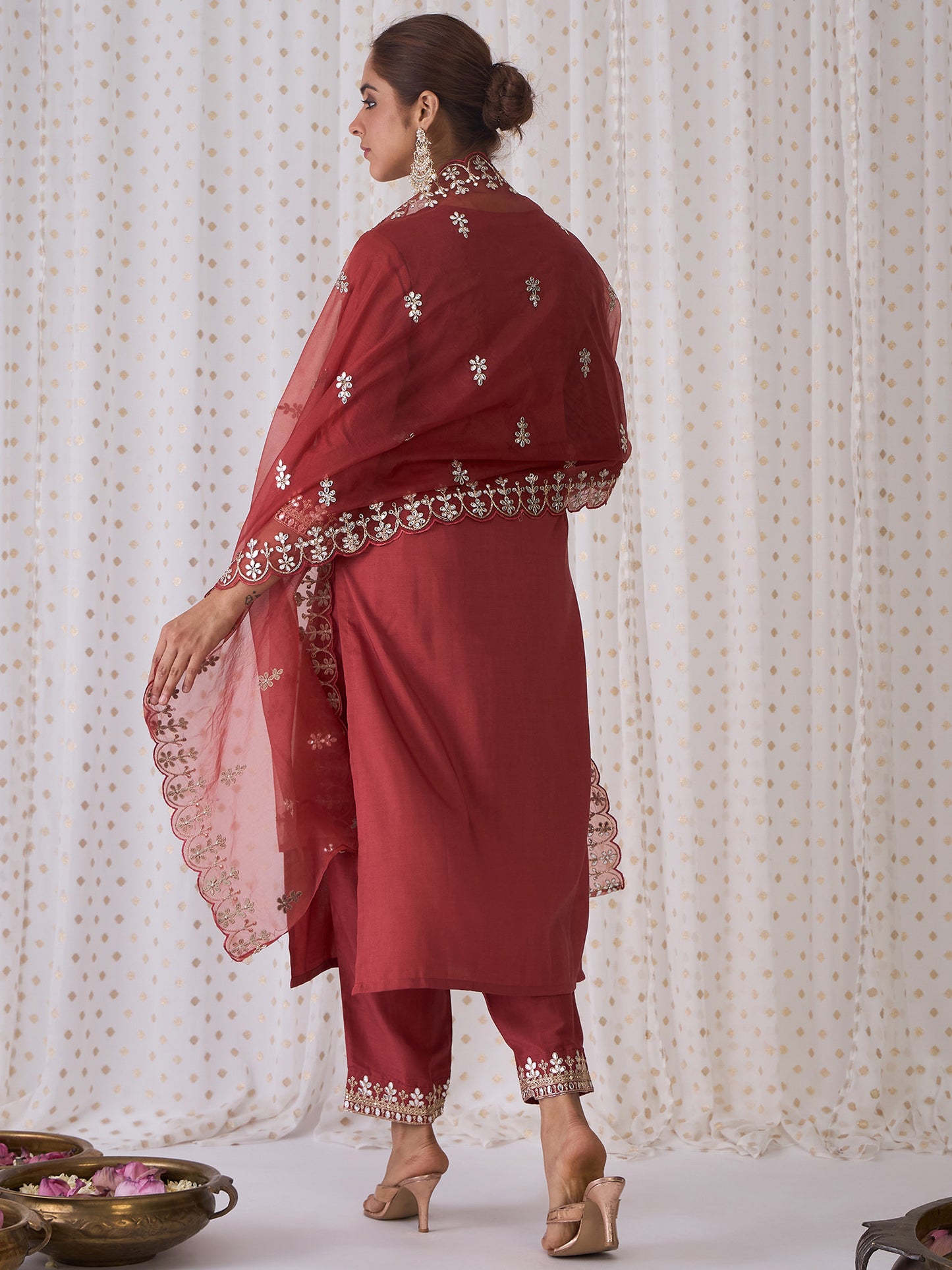 IE Rust Embroidered Straight Kurta Trousers With Dupatta set