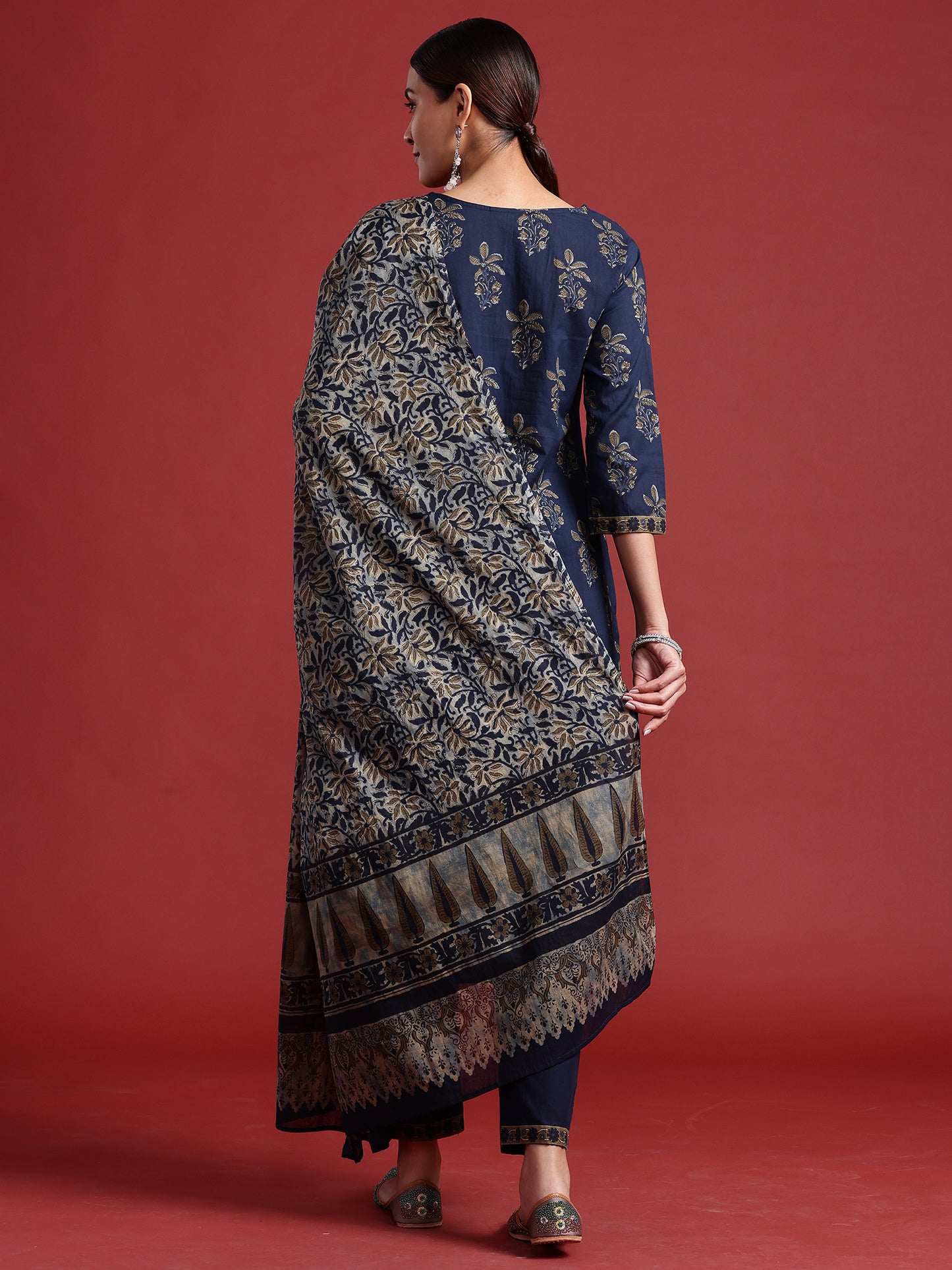 IE Blue Printed Straight Kurta Trousers With Dupatta set