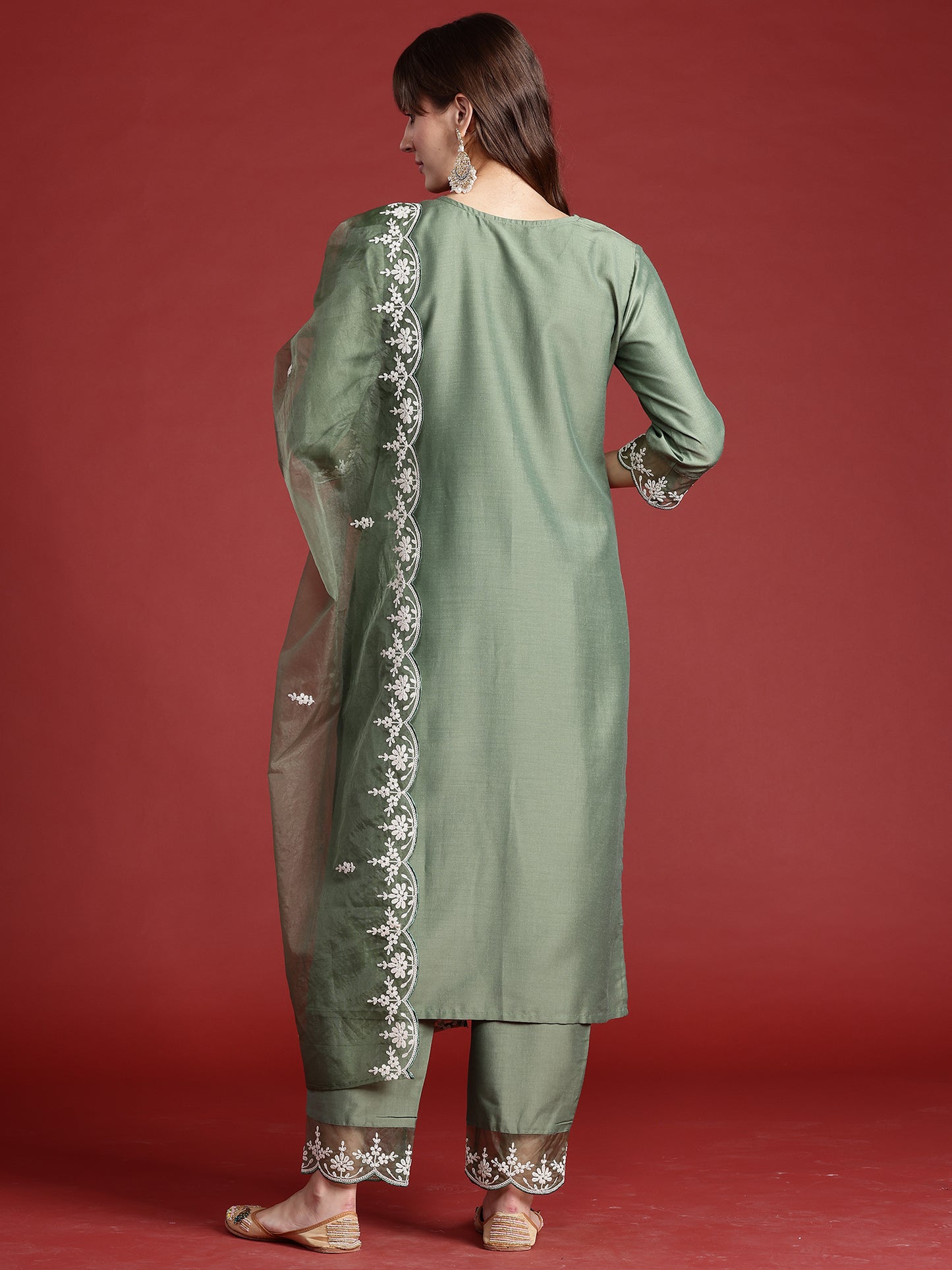 IE Green Embroidered Straight Kurta Trousers With Dupatta set