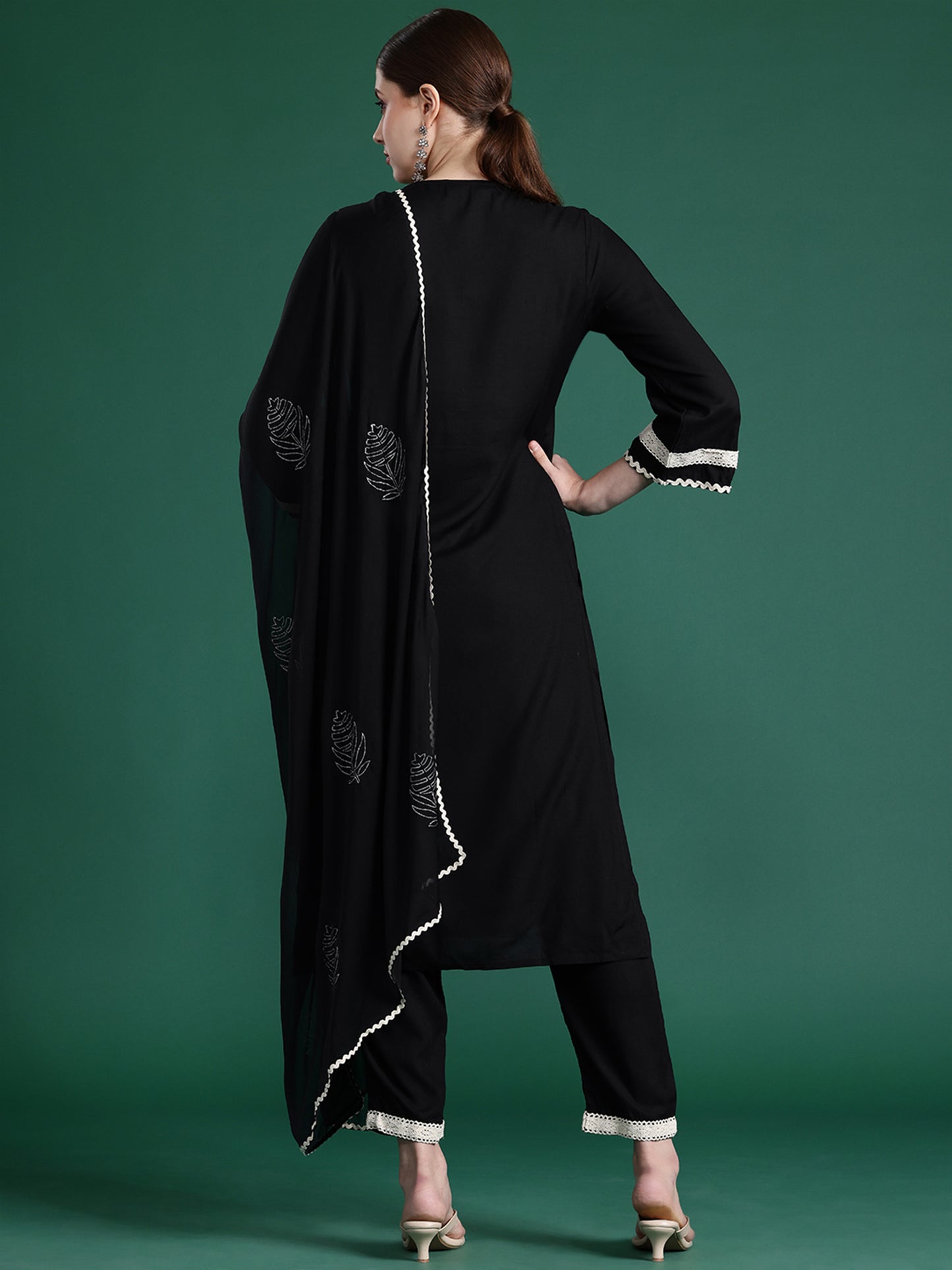 IE Black Embroidered Straight Kurta Trousers With Dupatta set