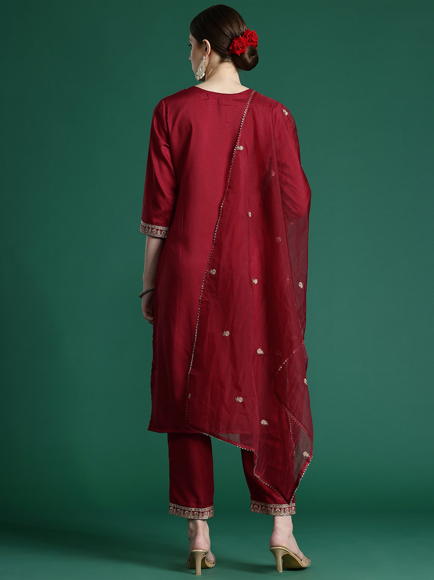 IE Maroon Embroidered Straight Kurta Trousers With Dupatta set