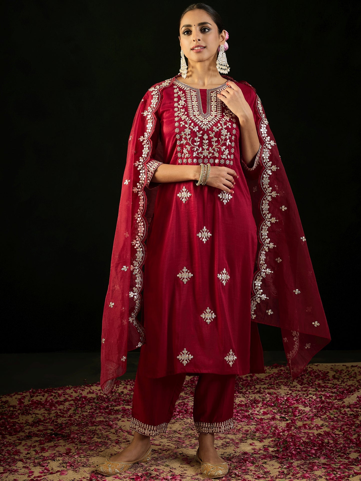 IE Maroon Embroidered Straight Kurta Trousers With Dupatta set
