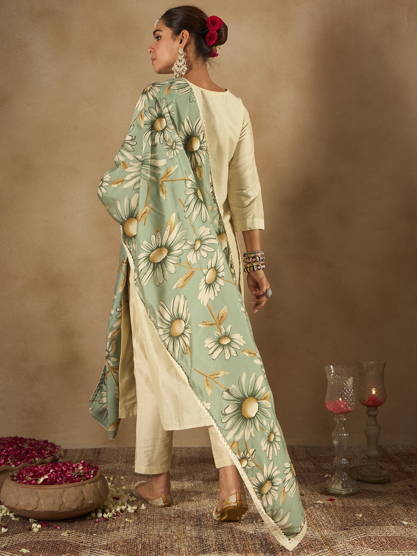 IE Cream Embroidered Straight Kurta Trousers With Dupatta Set