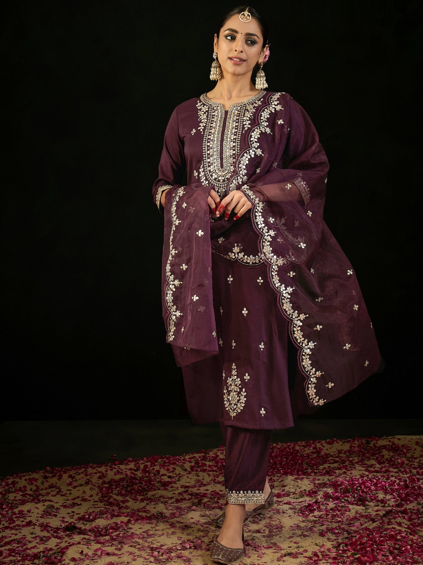 IE Burgundy Embroidered Straight Kurta Trousers With Dupatta set