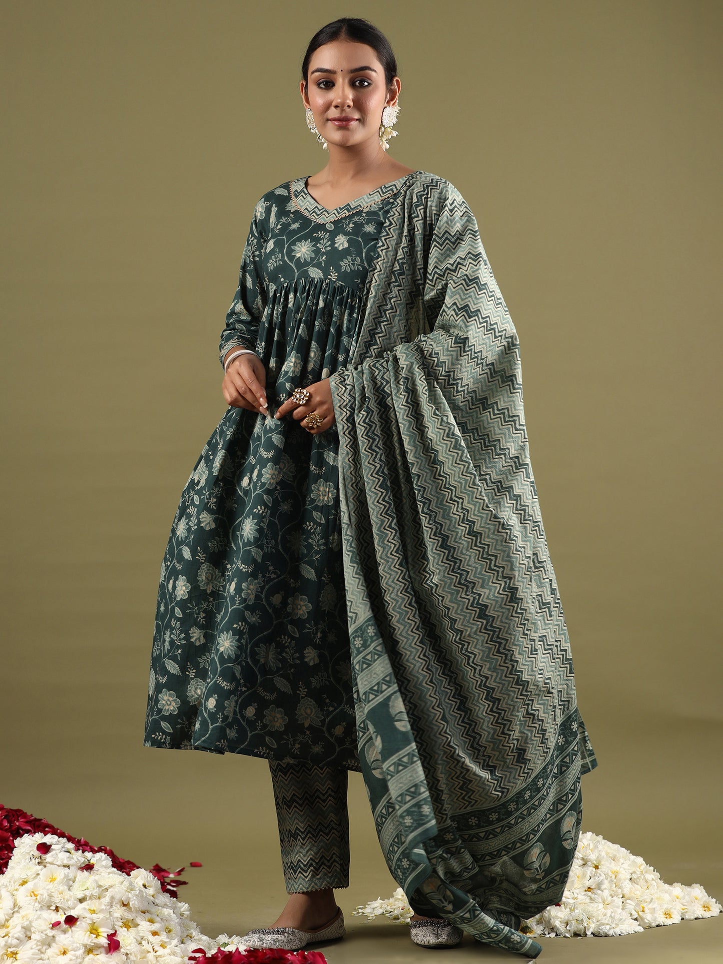 IE Green Printed A-Line Kurta Trousers With Dupatta set