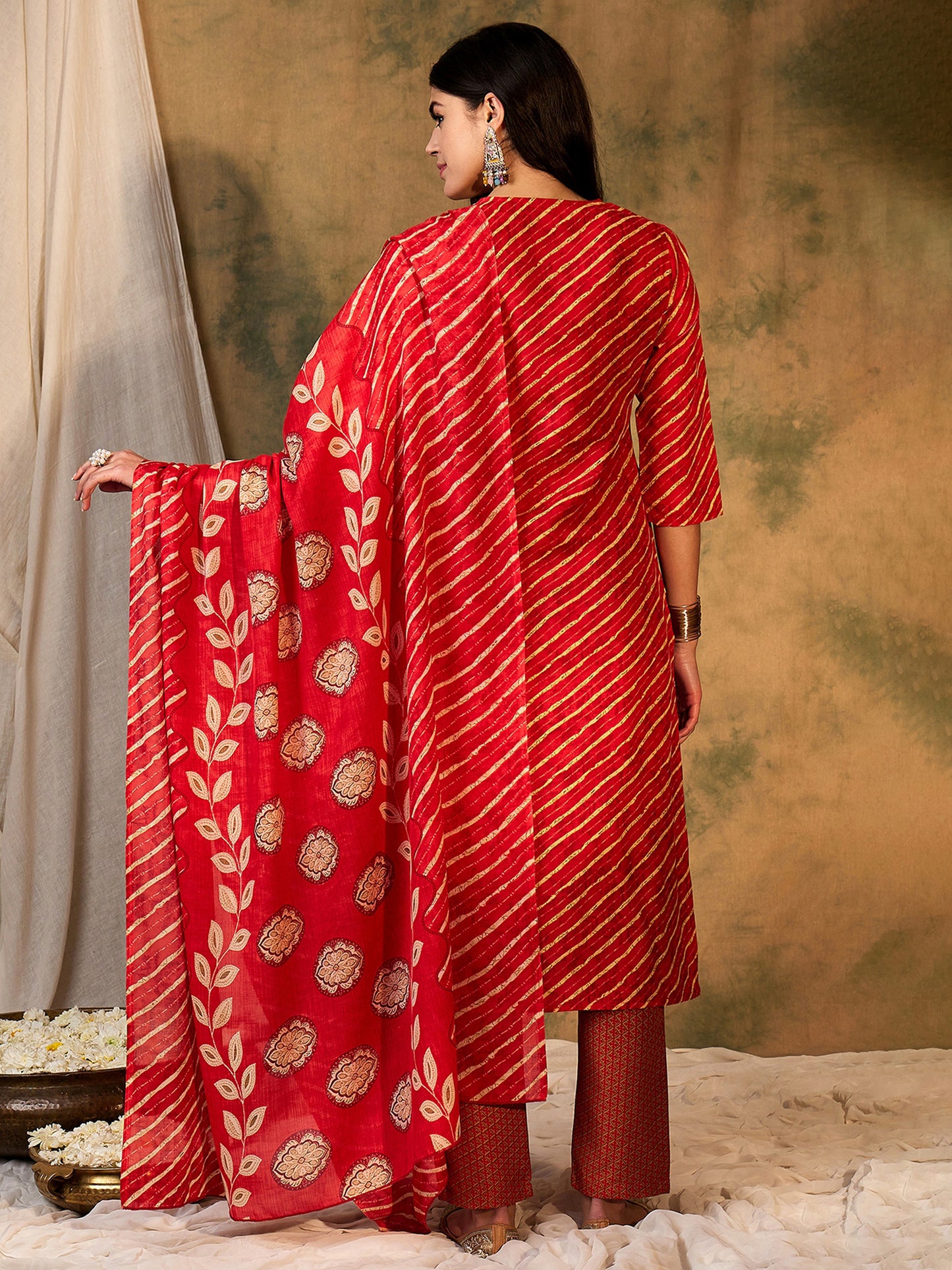 IE Red Printed Straight Kurta Trousers With Dupatta set