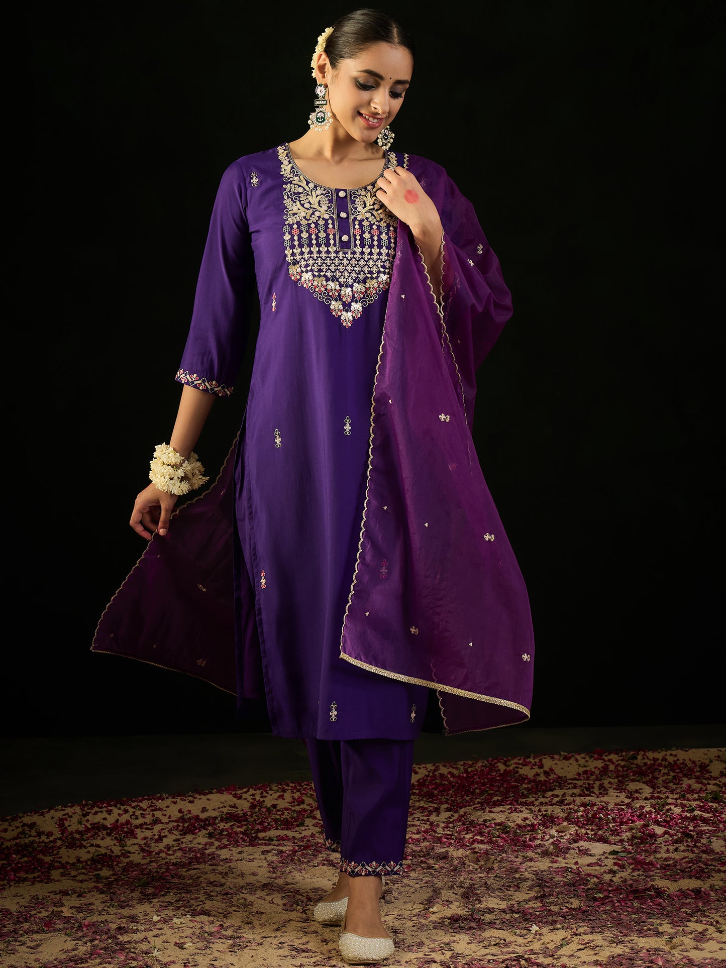 IE Purple Embroidered Straight Kurta Trousers With Dupatta Set