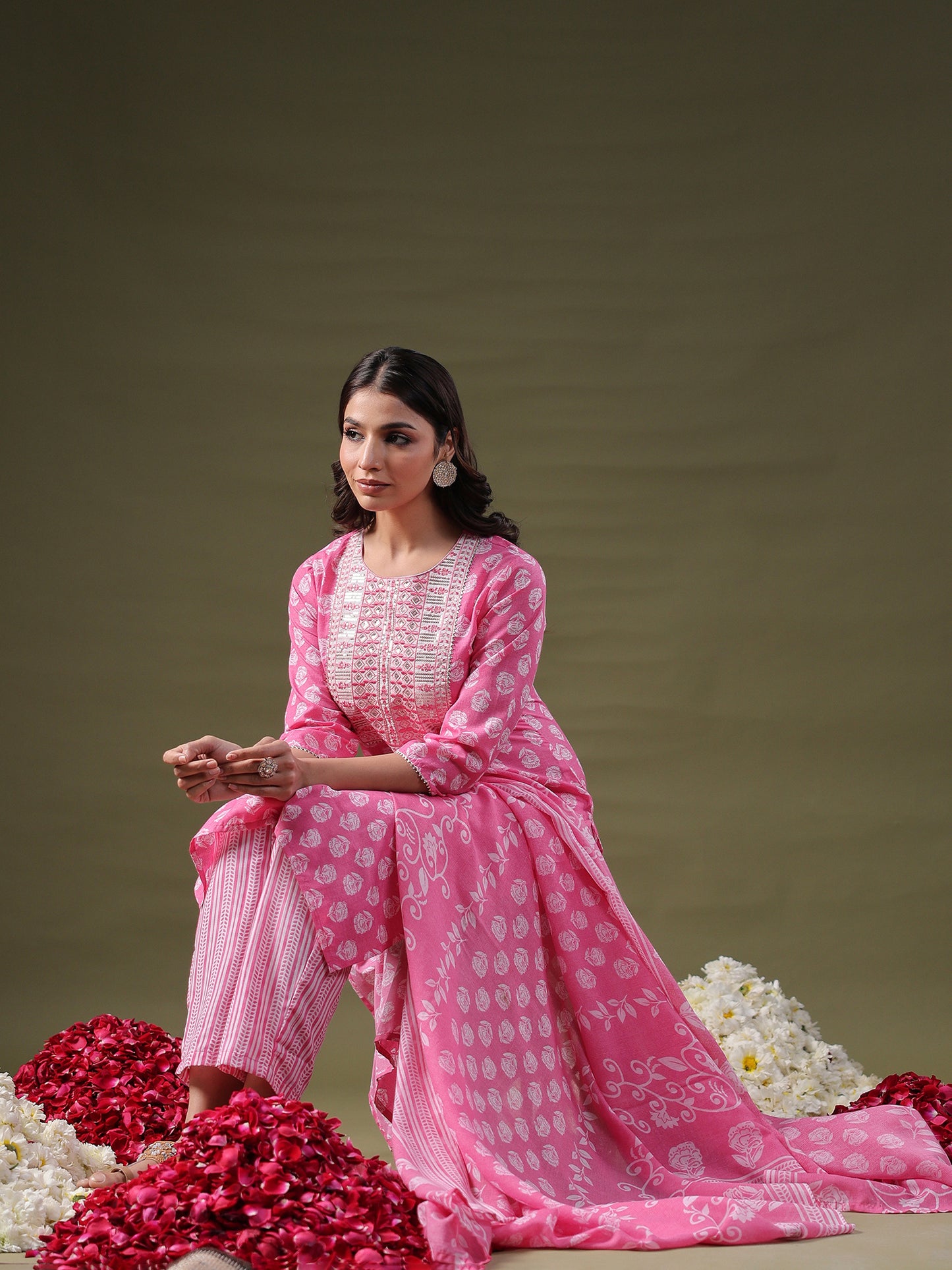 IE Pink Printed Straight Kurta Trousers With Dupatta Set