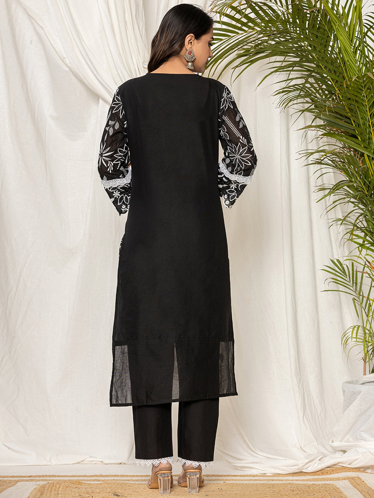 IE Black Embroidered Straight Kurta Trousers With Dupatta set