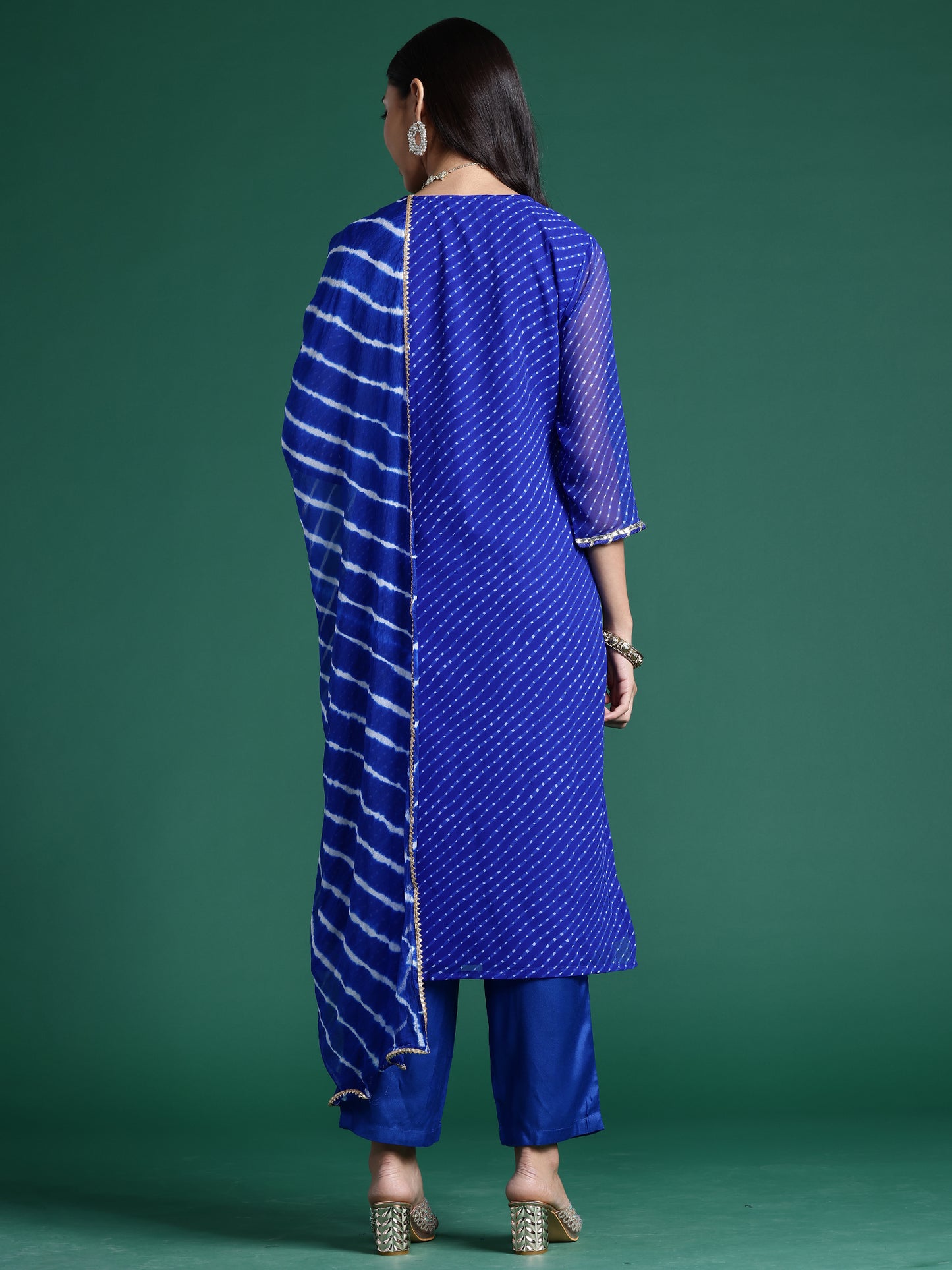 IE  Blue Printed Straight Kurta Trousers With Dupatta set